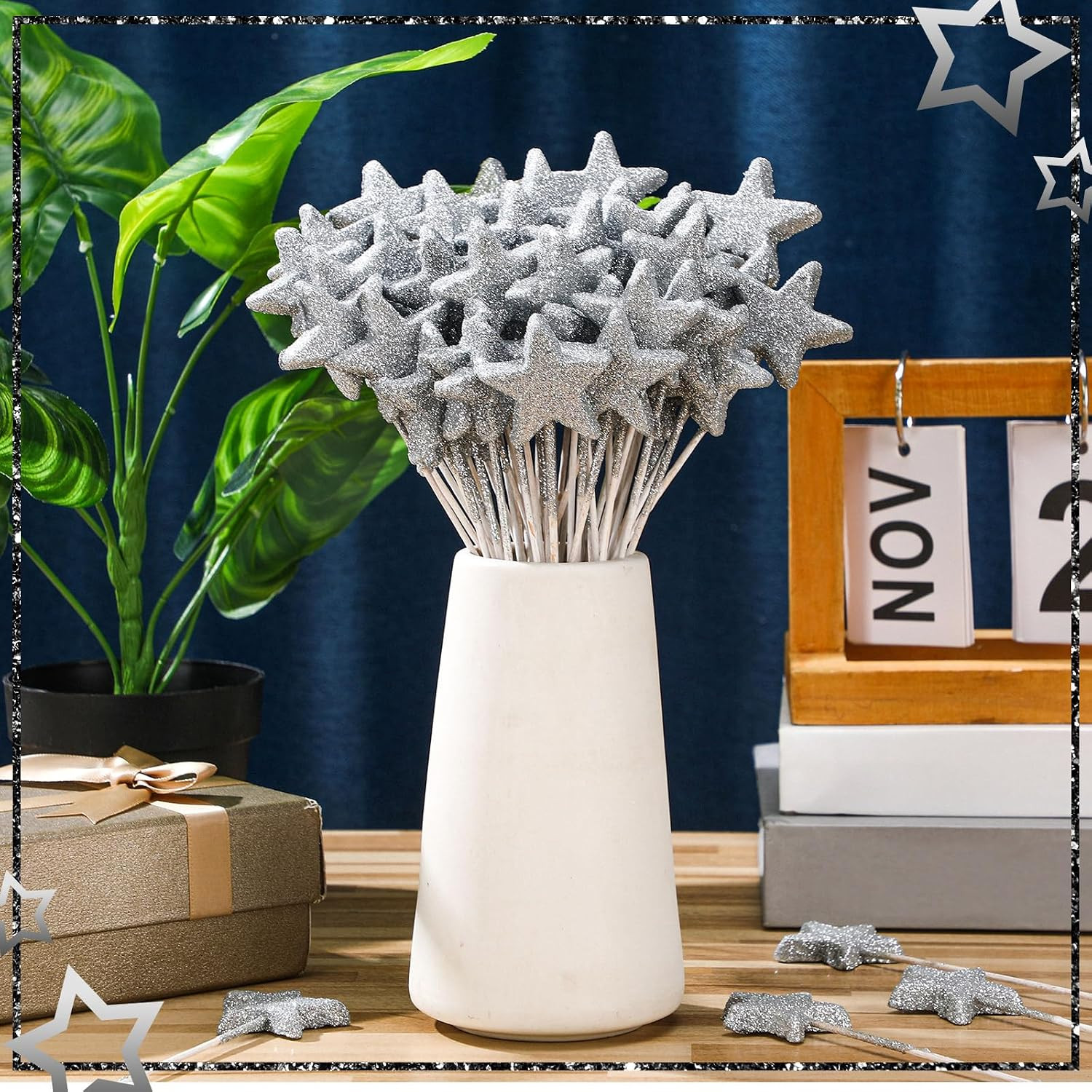 60 Pcs Silver Star Floral Picks 8” Glitter Silver Star Centerpiece Table Decor