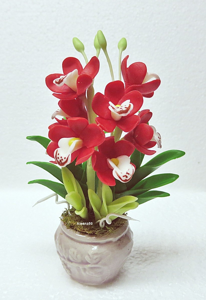 US Stock 4″H Handmade Air-Dry-Clay-Crafted Cymbidium Orchid Arranged in Pot