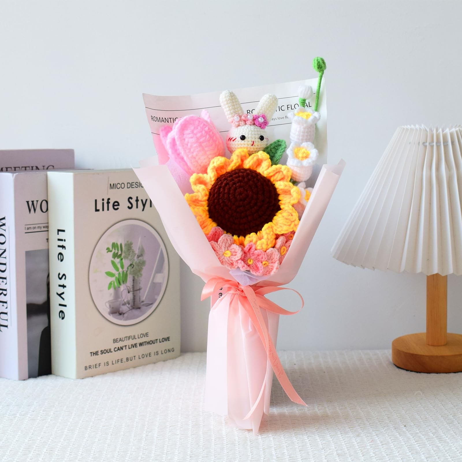 Cute Knitted Bunny Bouquet, Crochet Roses Flower, Flowers Bouquet with Bee, C…