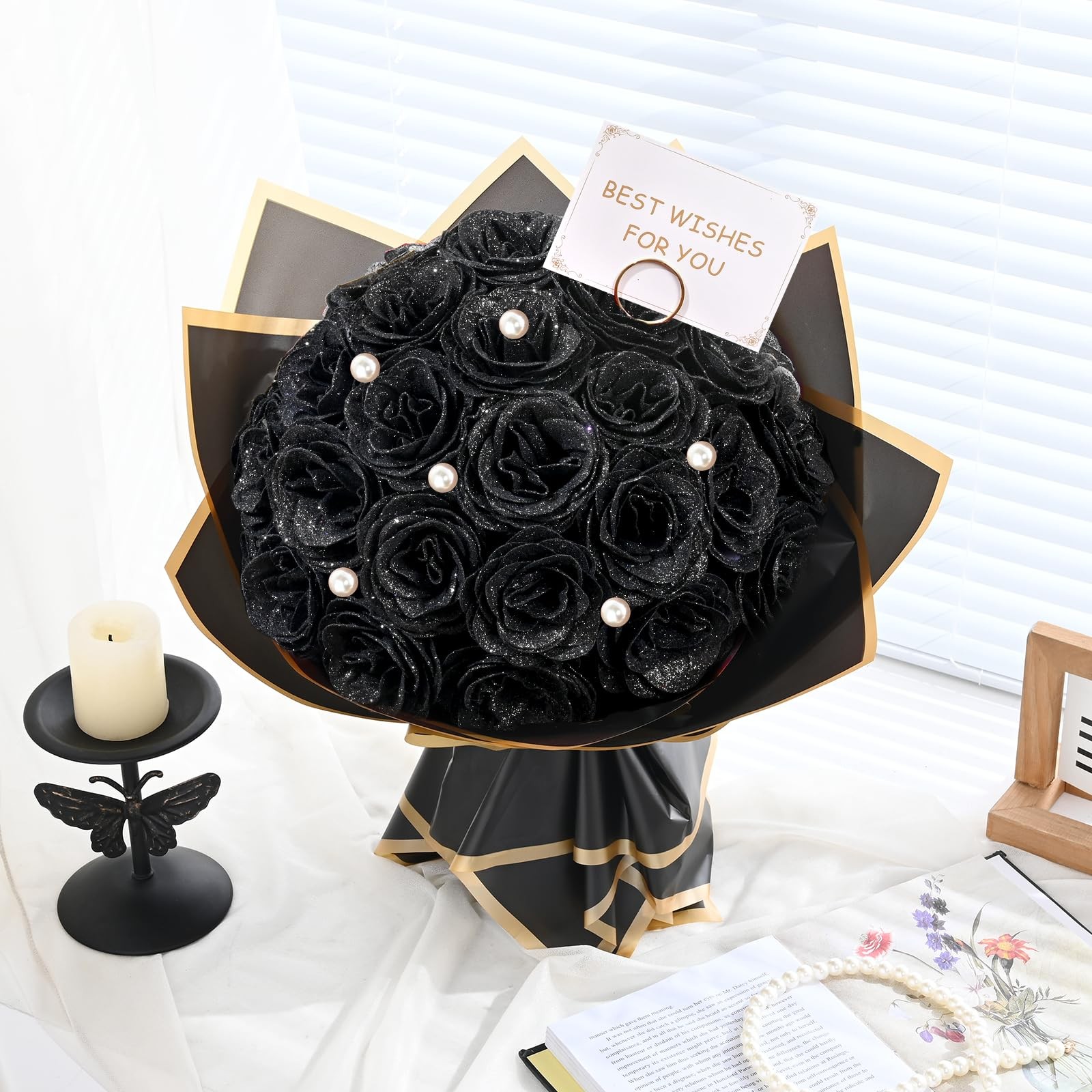 36 PCS Black Glitter Artificial Roses DIY Fake Flowers Bouquet Wedding Decor