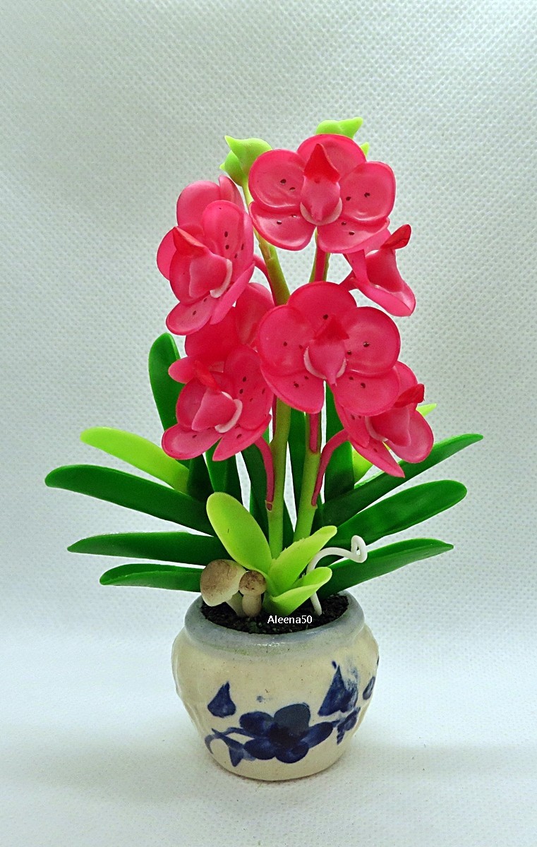 US Stock 5″H Handmade Air-Dry-Clay Miniature Dendrobium Orchid Arrangement
