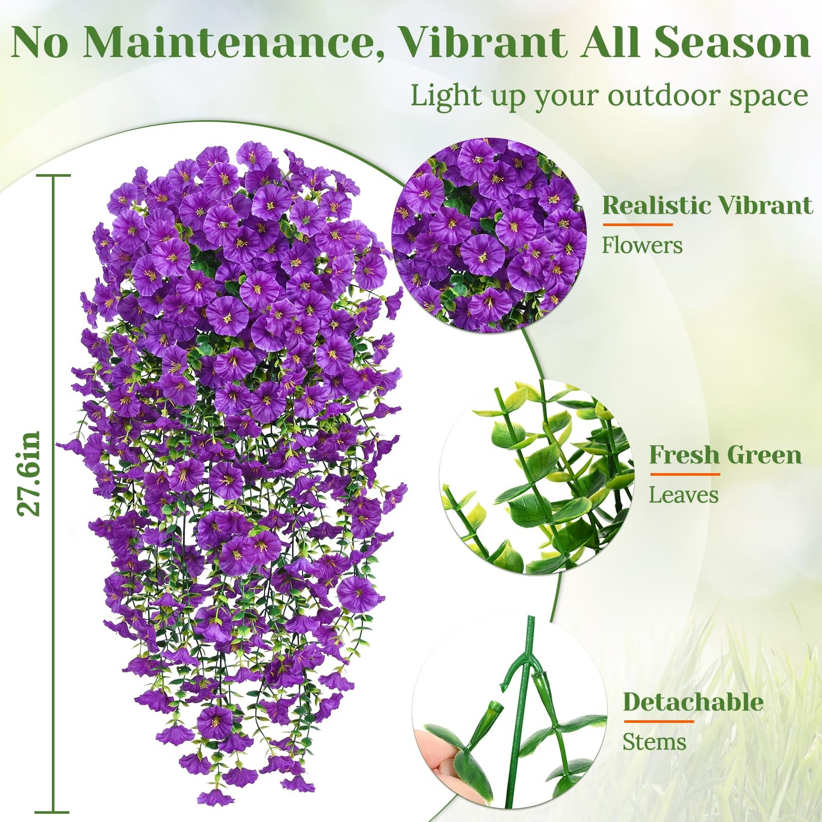 2 Pcs Look Real Artificial Flowers for Outdoors, Realistic Artificial Hanging