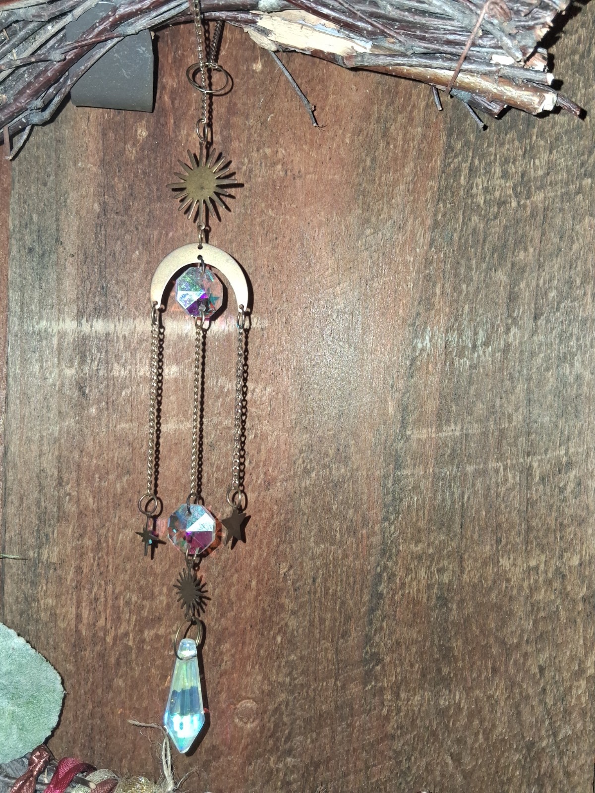12″ Reiki Infused Crescent Moon Wreath Burgandy, Pinks, With Suncatcher, Bells