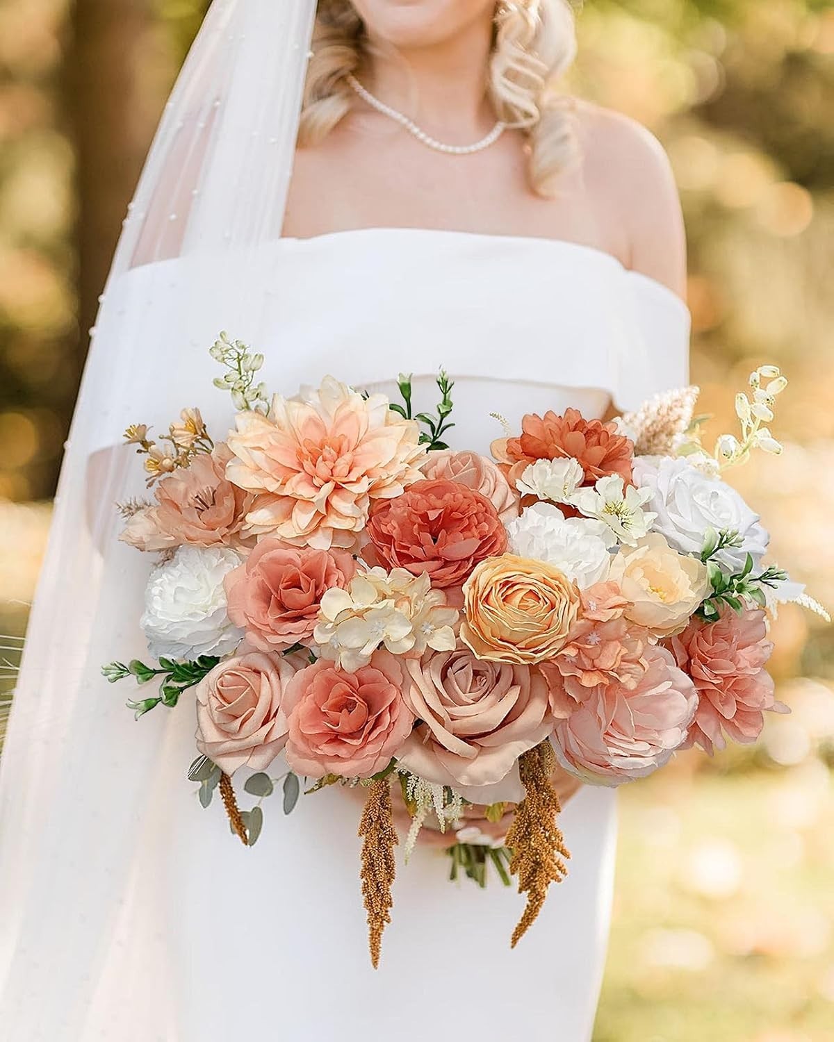 Roses Artificial Flowers Orange Fake Flower with Stems for DIY Wedding Bouque…