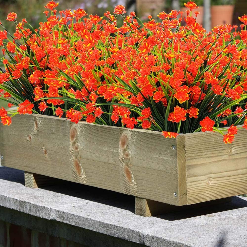 12 Bundles Outdoor Artificial Fake Flowers UV Resistant Shrubs Plants Orange Red