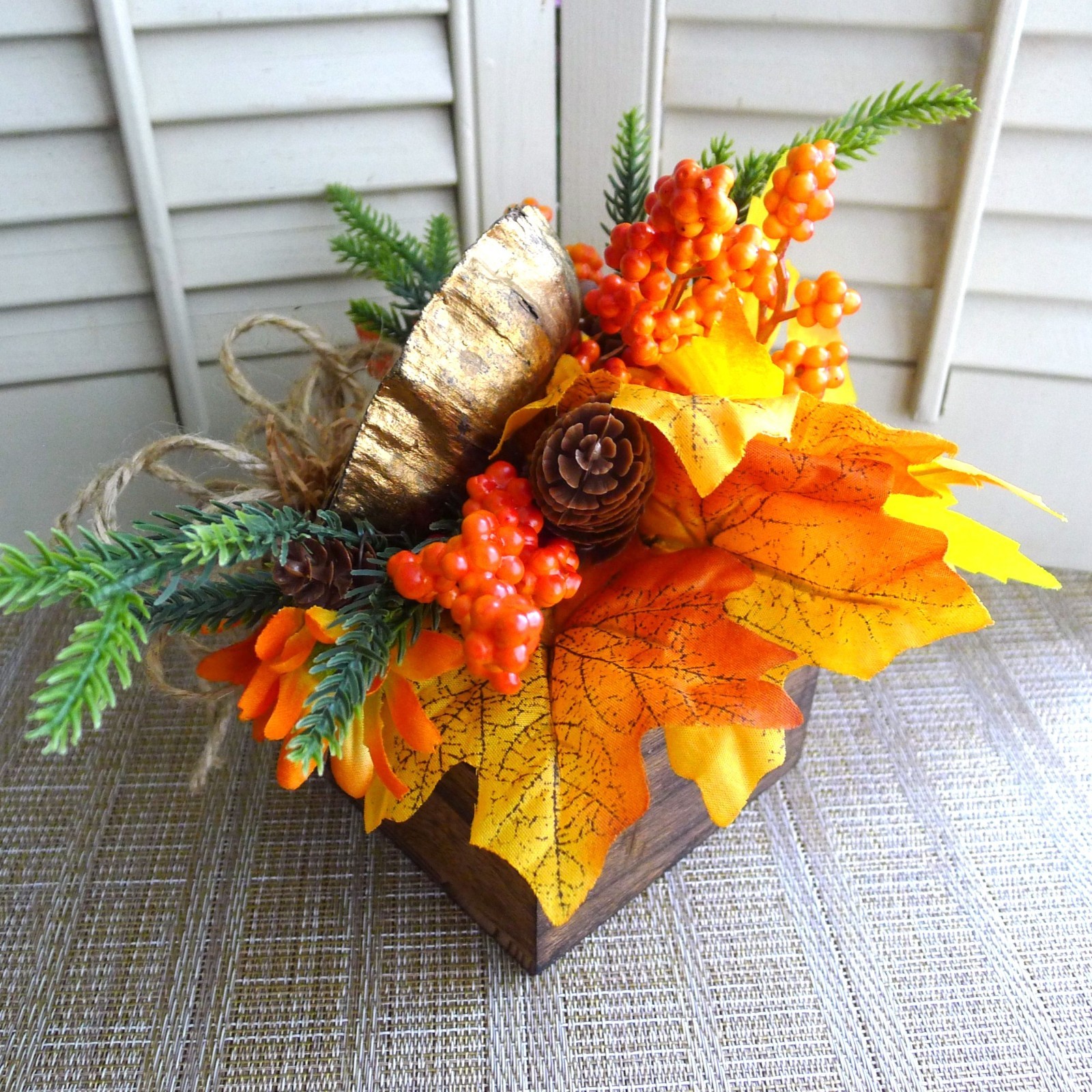 Petite Rustic Fall Floral Arrangement, Gold Lotus, Berries, Pine, Autumn Leaves