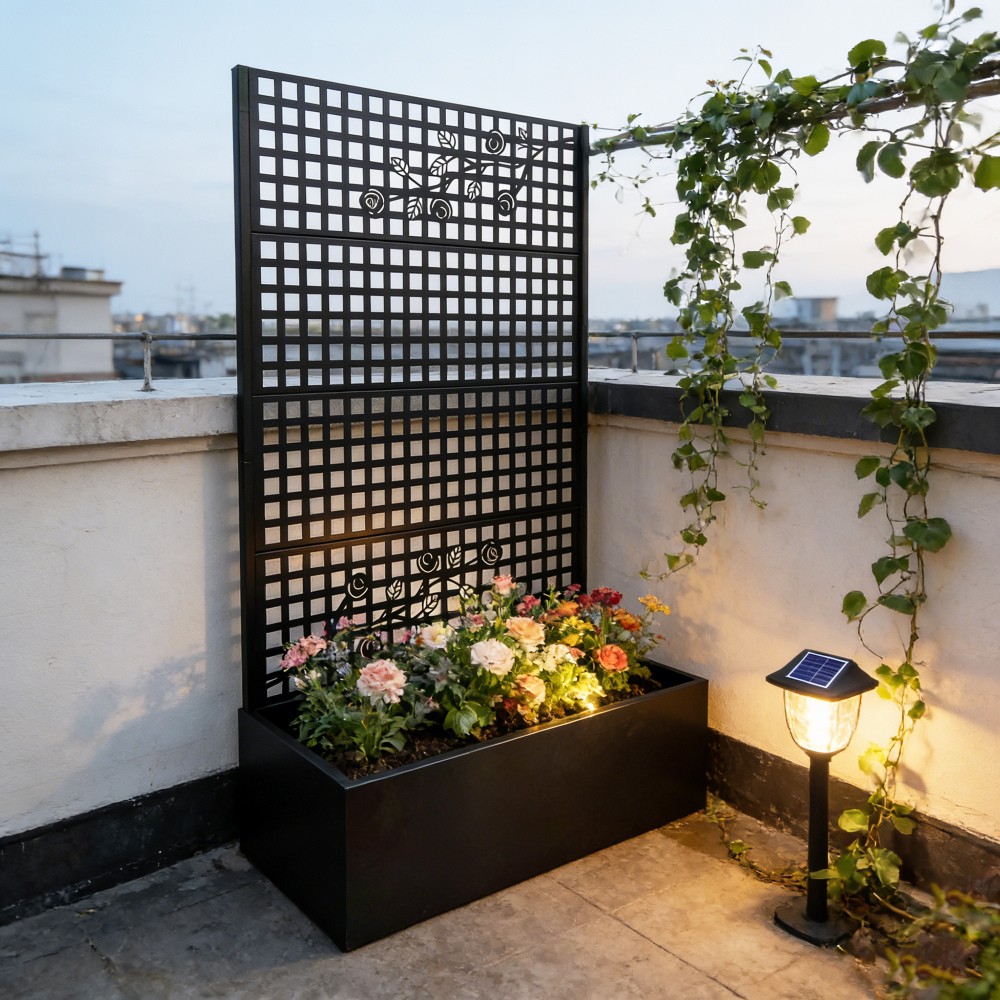 Metal Raised Garden Bed With Trellis, Black Planter Box For Backyard Patio