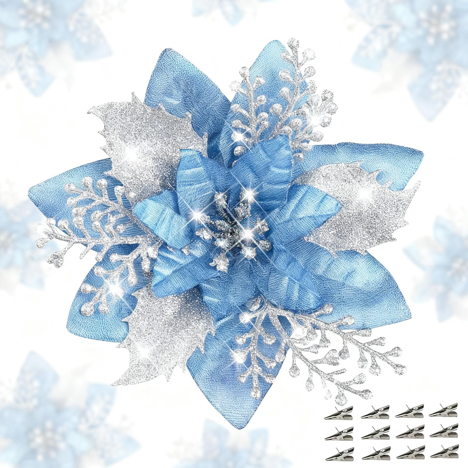 24 PCS 5.9 Inch Blue Glitter Poinsettia Flowers With Clips Xmas Wreath