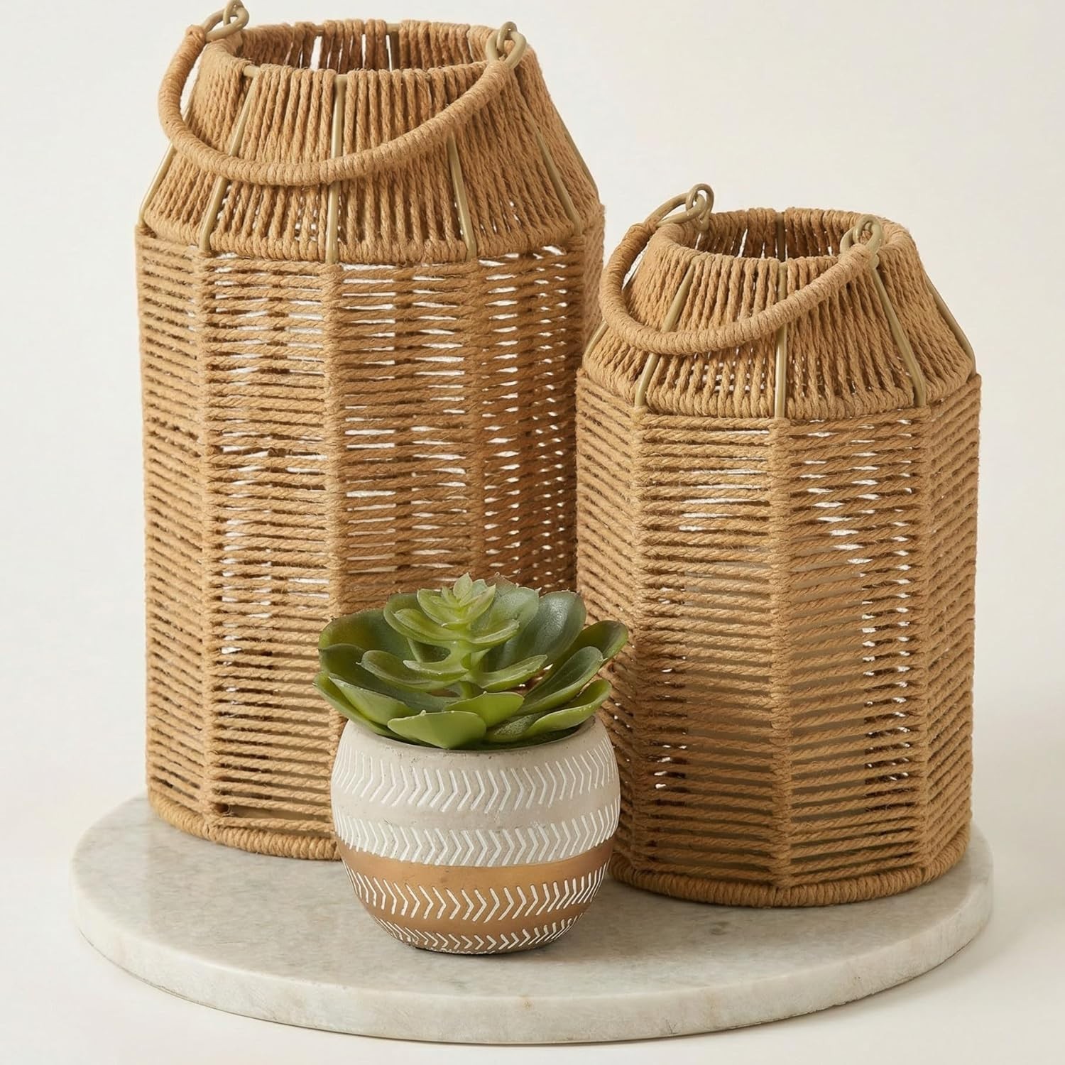 Jute Lanterns Set of 2 Boho Decor Indoor Outdoor Coffee Table Porch Lighting