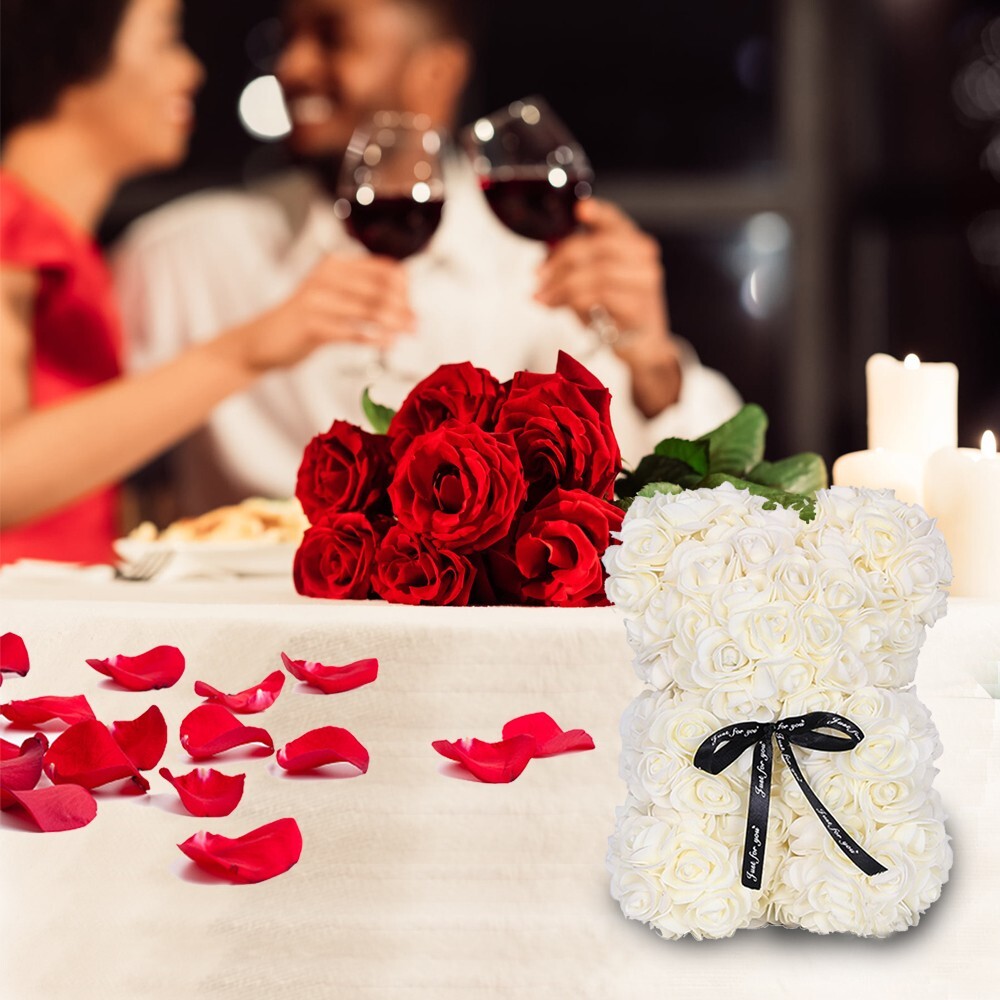 2023 Milky White Rose Flower Teddy Bear with Gift Box 25cm Valentines /Birthday