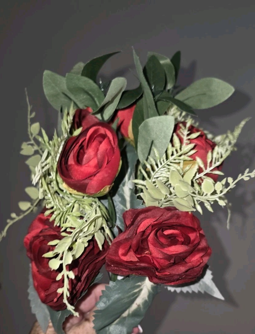 5 Pack -9in Red Open Rose With Bud Pick W/greenery Artificial Silk Flower