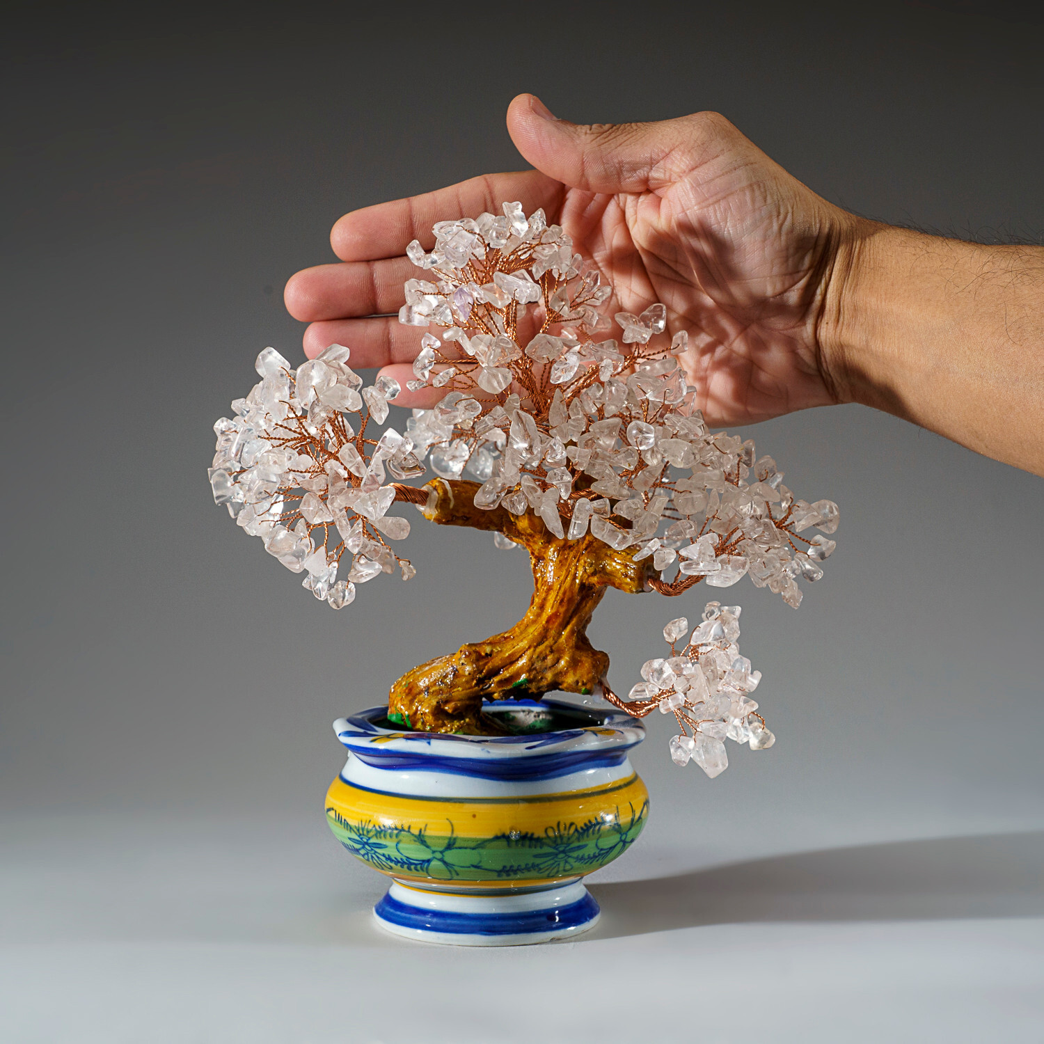 Genuine Quartz Gemstone Bonsai Tree in Round Ceramic Pot (8.5”)