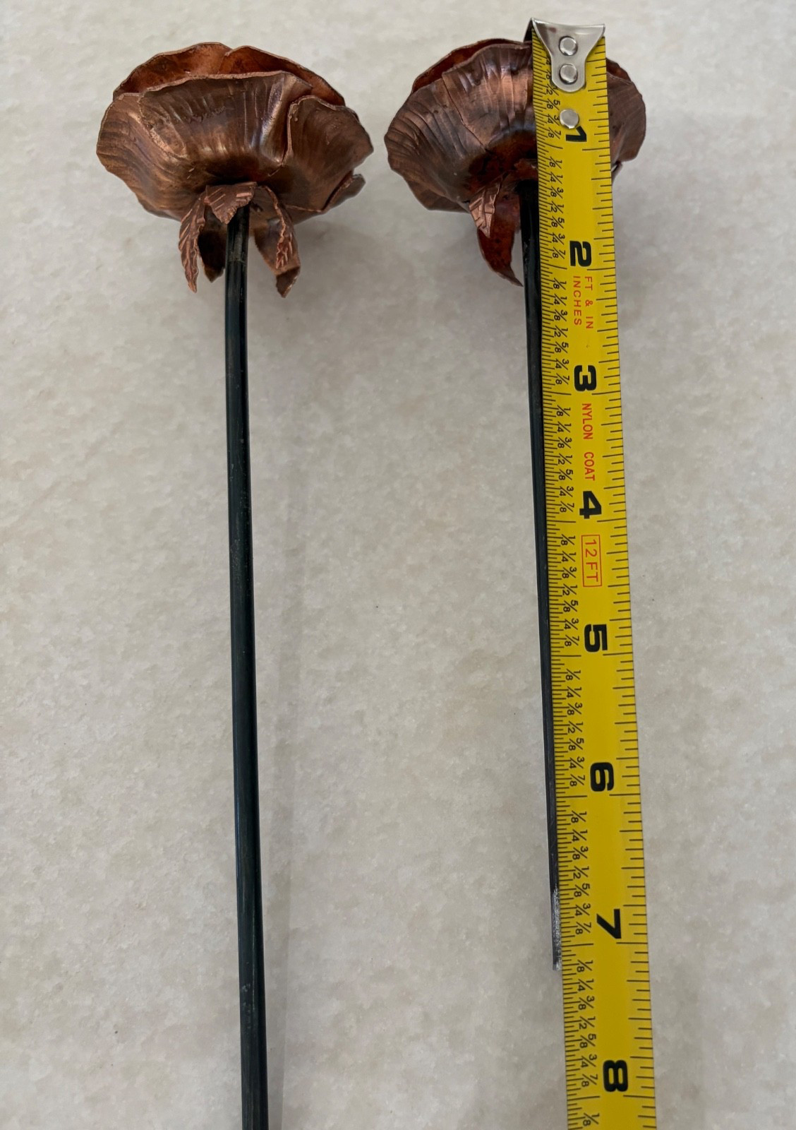 Copper-Tone Metal Rose Sculpture Pair 7” 9” Handcrafted Floral Decor