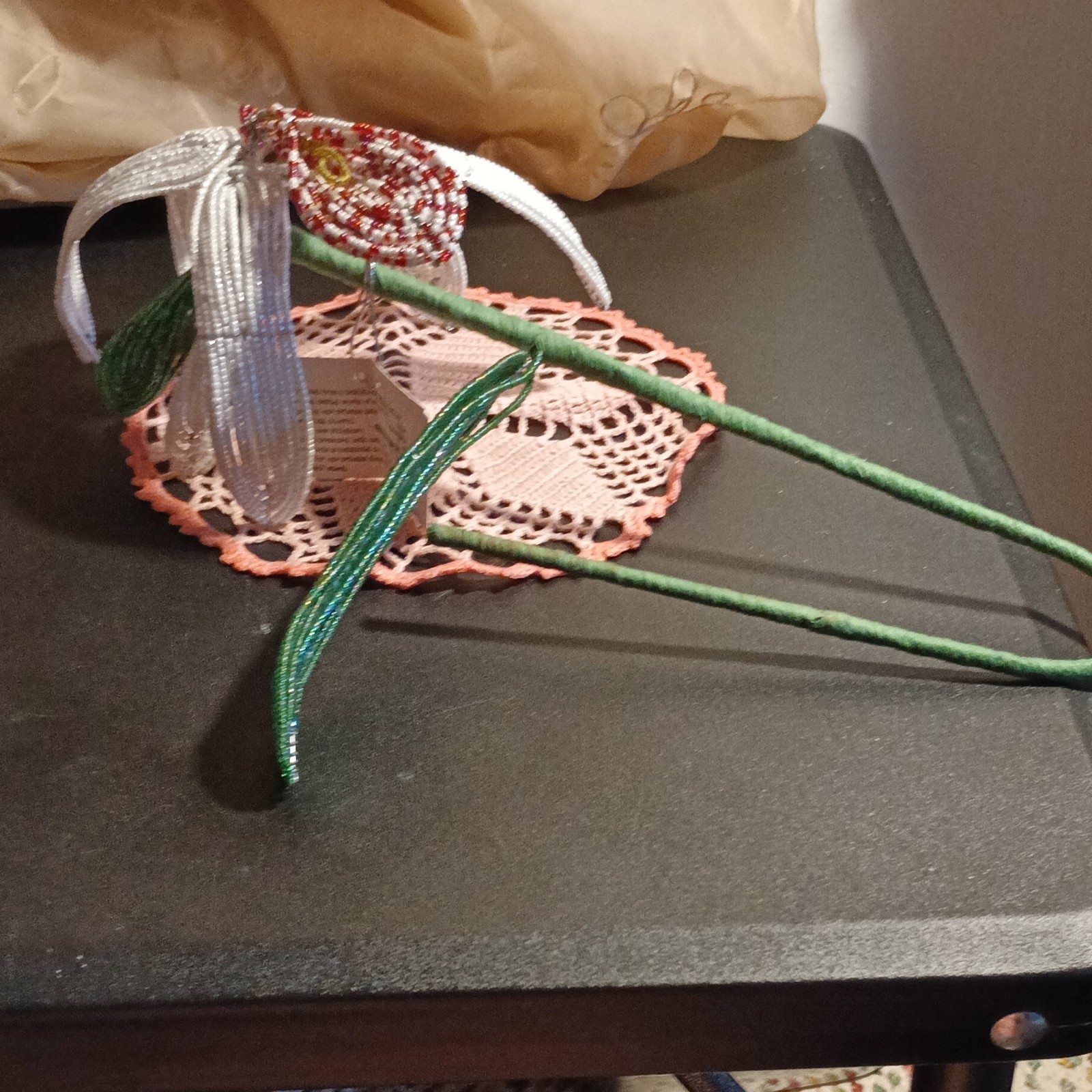 Beaded Artificial Lily Flower Stem Twig & Stem White/Red/Green Floral Stem
