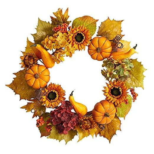 22in. Autumn Hydrangea, Pumpkin and Sunflower Artificial Fall Wreath