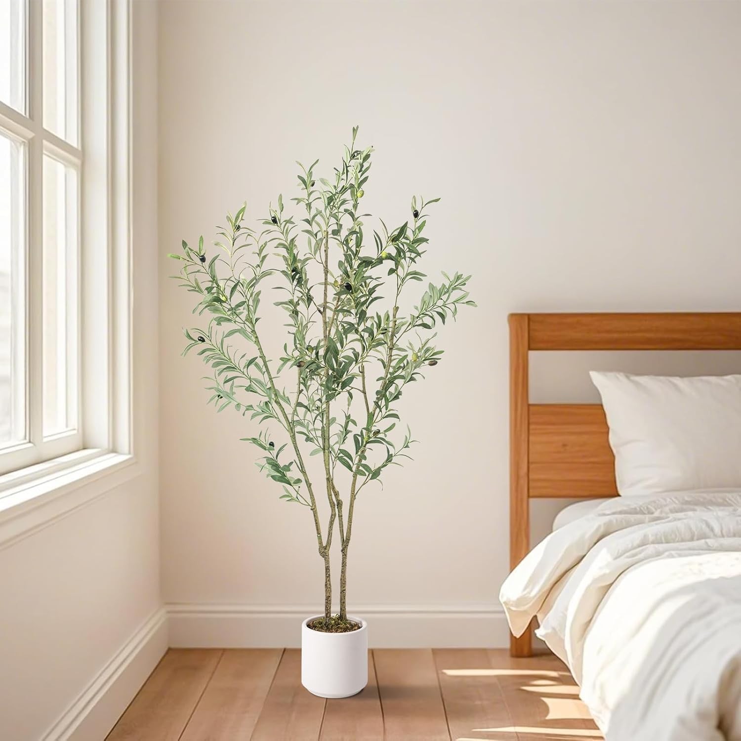 Artificial Fake Olive Tree 5FT Tall 1Pack with White Planter Faux Silk Olive …