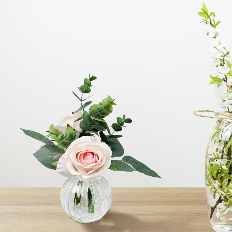 Tabletop Faux Rose Floral Arrangement in Clear Glass Vase W/ Faux Water New