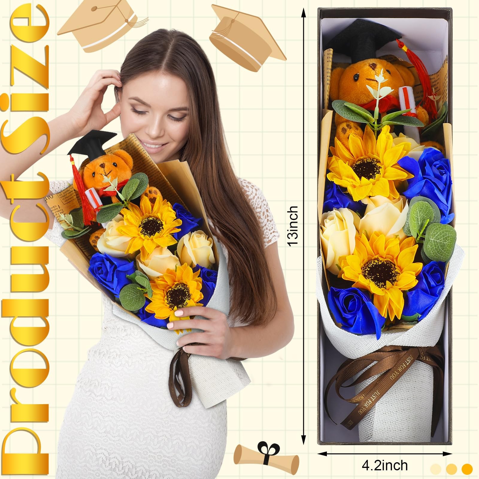 13″ Blue Graduation Rose Sunflower Scented Soap Flower Bouquet Plush Bear