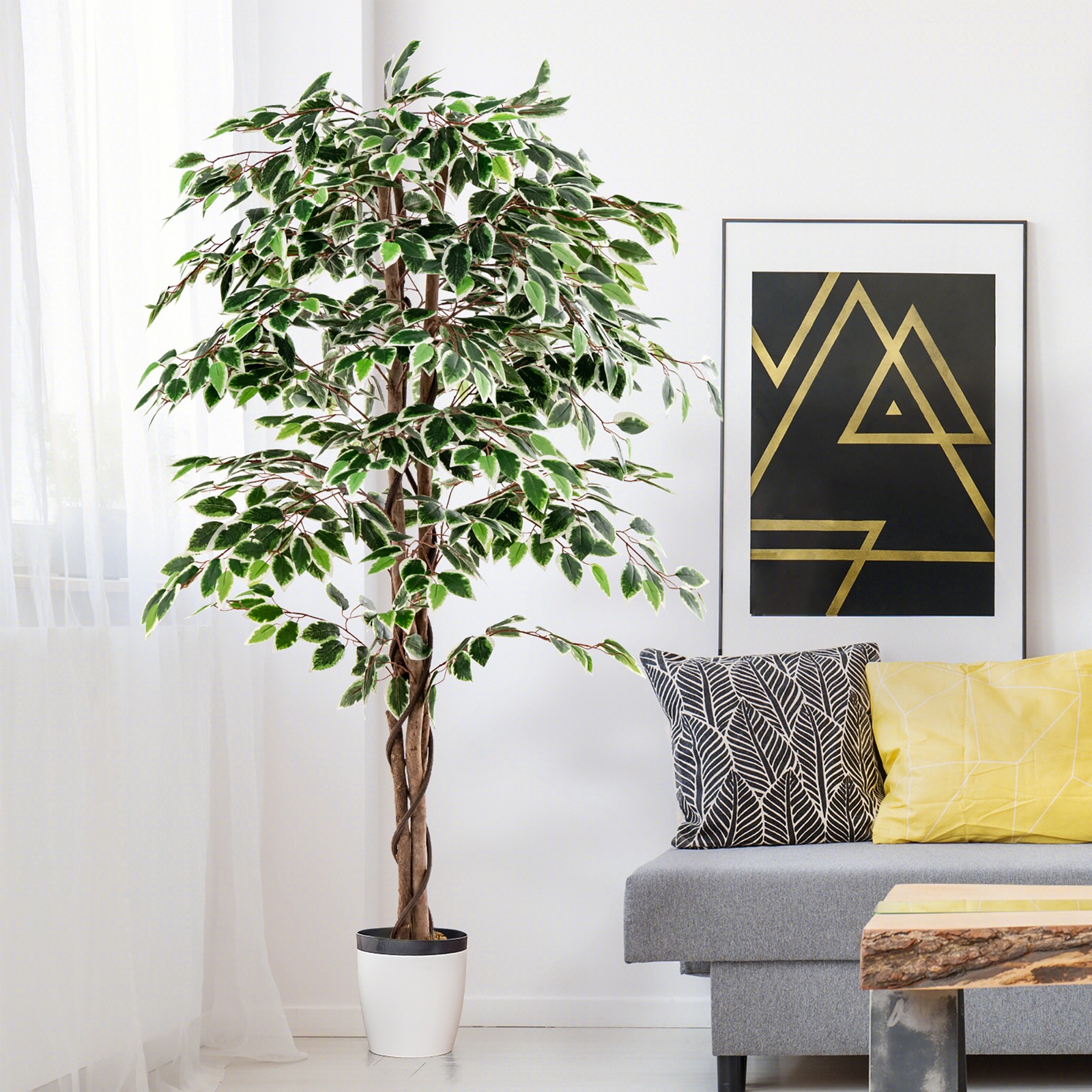 Artificial Ficus Tree Tall Faux Indoor Plant w/ 1008 Leaves Natural Wood Trunk