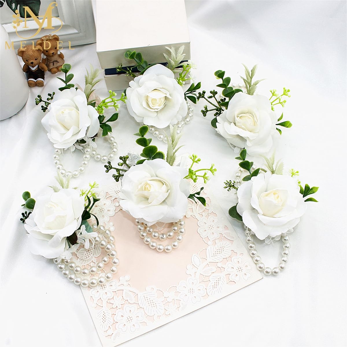 2 PCS White Rose Wrist Corsage Artificial Silk Flower Wedding Bridal Prom Pro