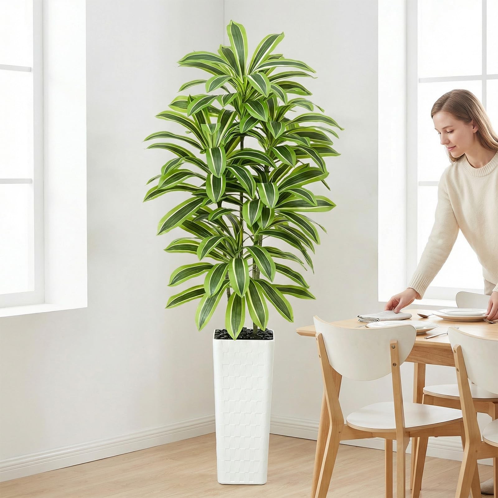 Artificial Yellow Dracaena Tree Indoor, 7FT Tall Fake Floor Plants with White…