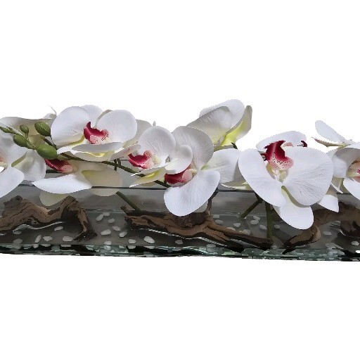 Floral Arrangement, Casa Moderna Glass Plate  W/ Faux White Orchids & Succulents