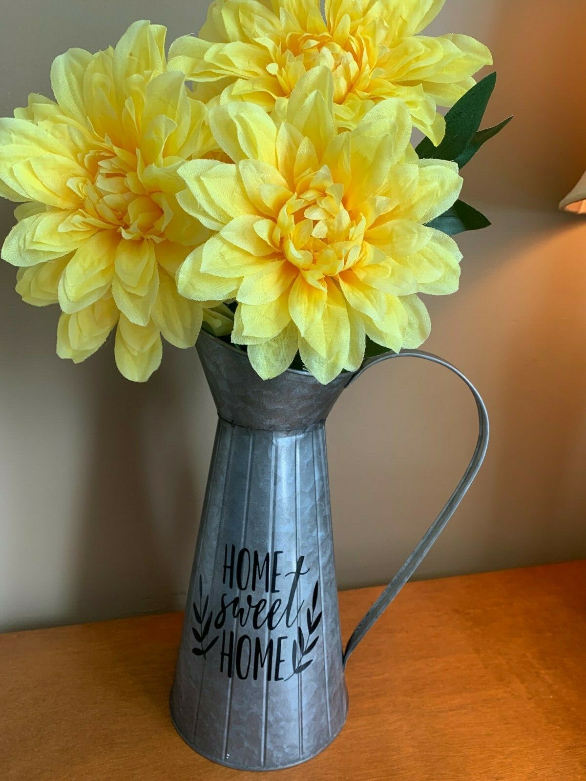 11.8″ Galvanized Metal Pitcher “Home Sweet Home” housewarming gift yellow flower