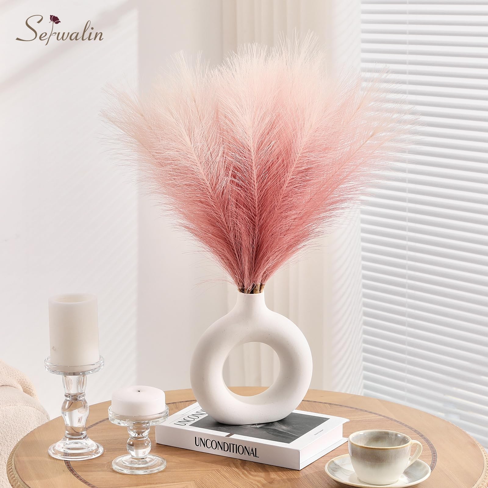 6 PCS 17.7 Inch Gradient Pink Artificial Fluffy Pampas Grass Faux Decor