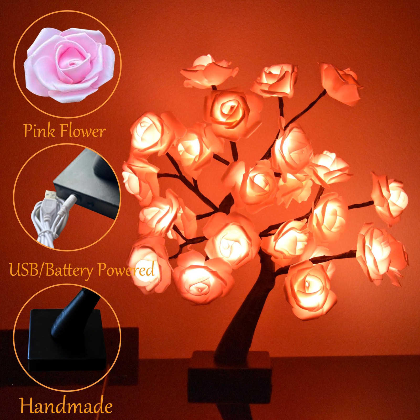 24 LED Pink Rose Tree Light, Artificial Bonsai Flower Table Lamp, USB Battery…