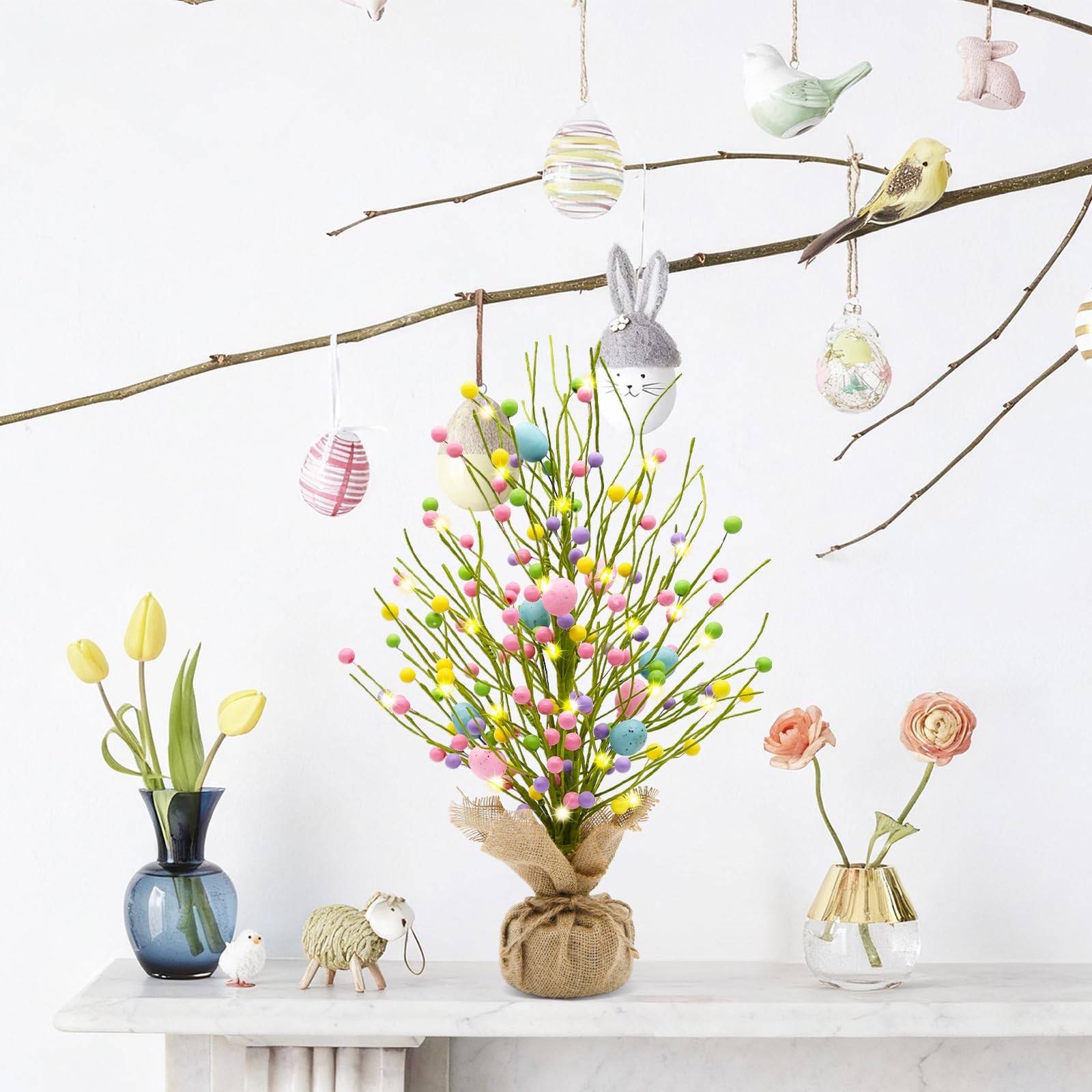 CRCZK Lighted Easter Table Tree Decorations 20.5 Inch 7in, Pink Green Yellow
