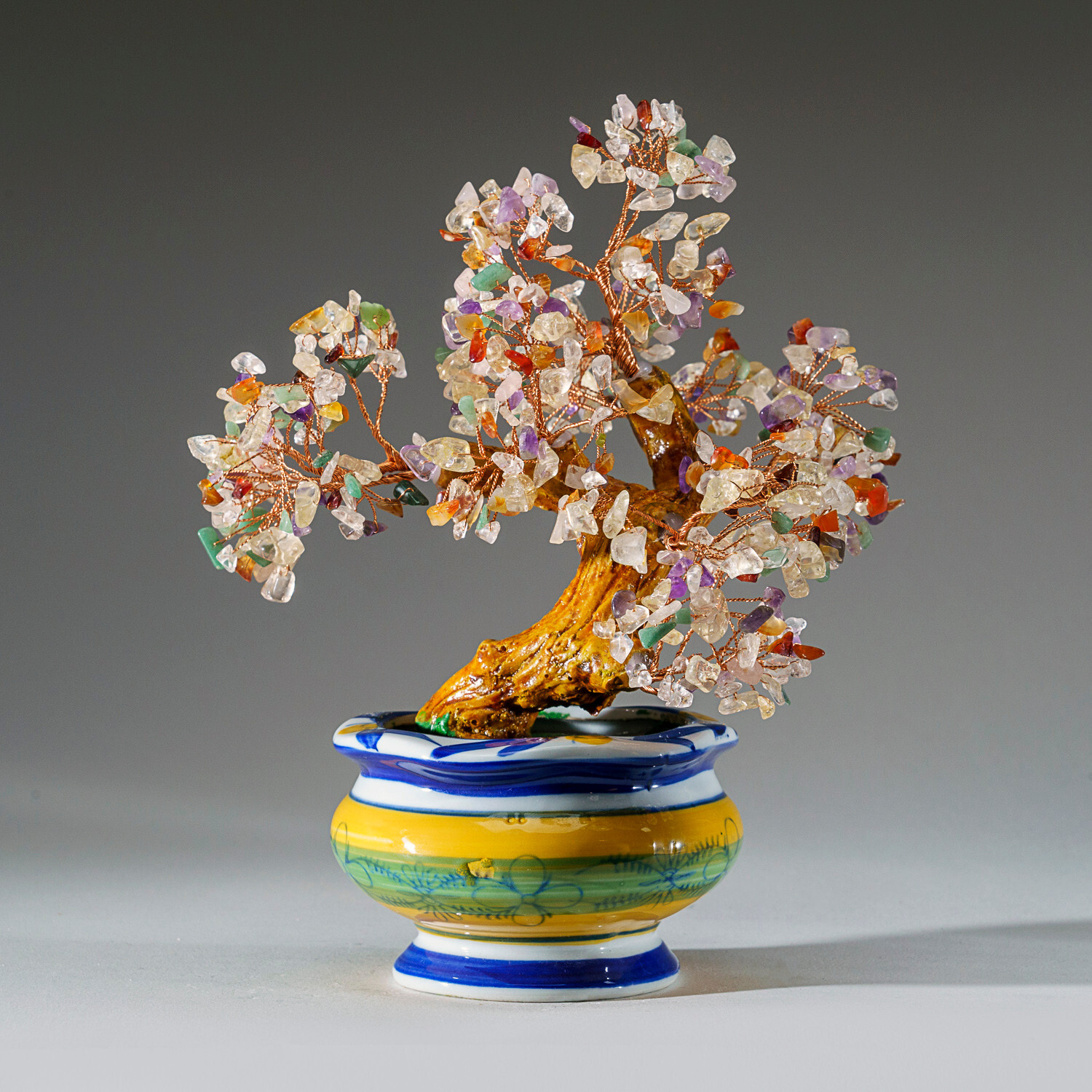 Genuine Multi Gemstone Bonsai Tree in Round Ceramic Pot (8.5”)