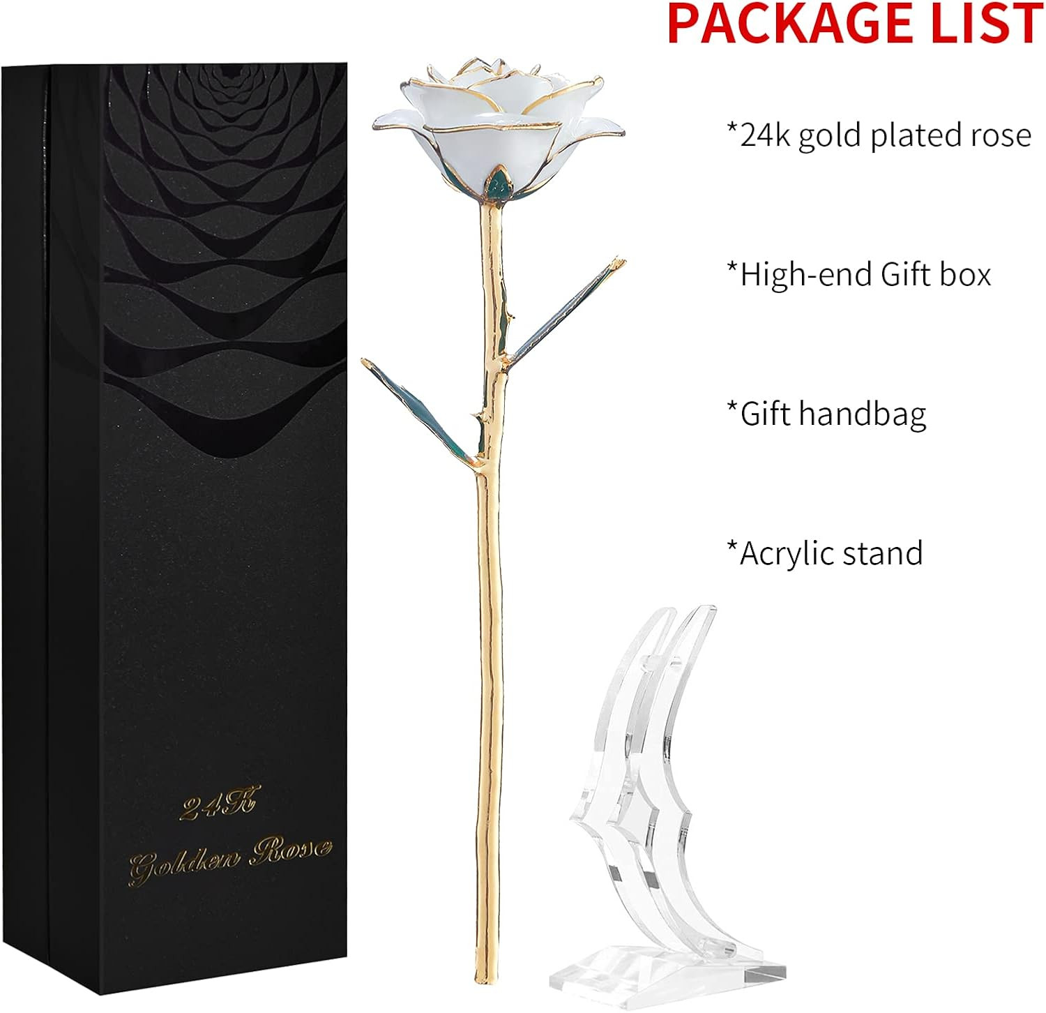 Valentines Day 24K Gold Dipped Rose Gift for Her Wife Mom with Stand Forever