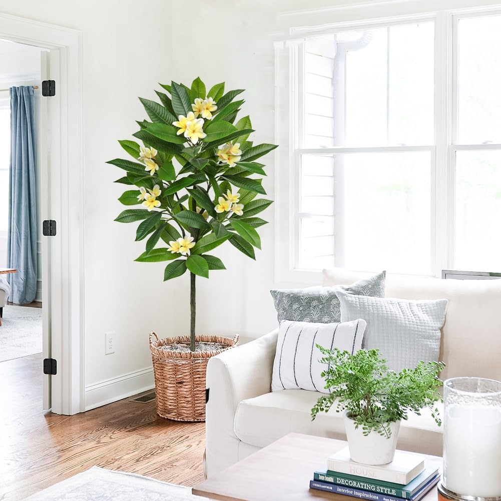 Artificial Plants Indoor 5.09Ft Fake Tropical Plumeria Flowers Tree in Black Pot