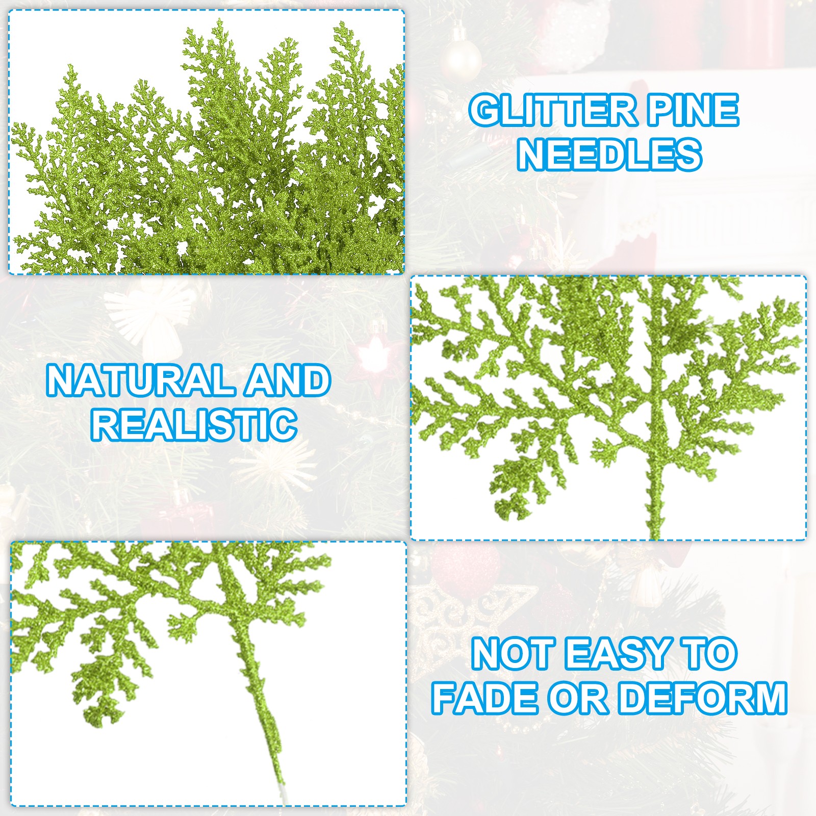 24 Pcs Glitter Artificial Pine Needles, Glitter Pine Stems Light Green