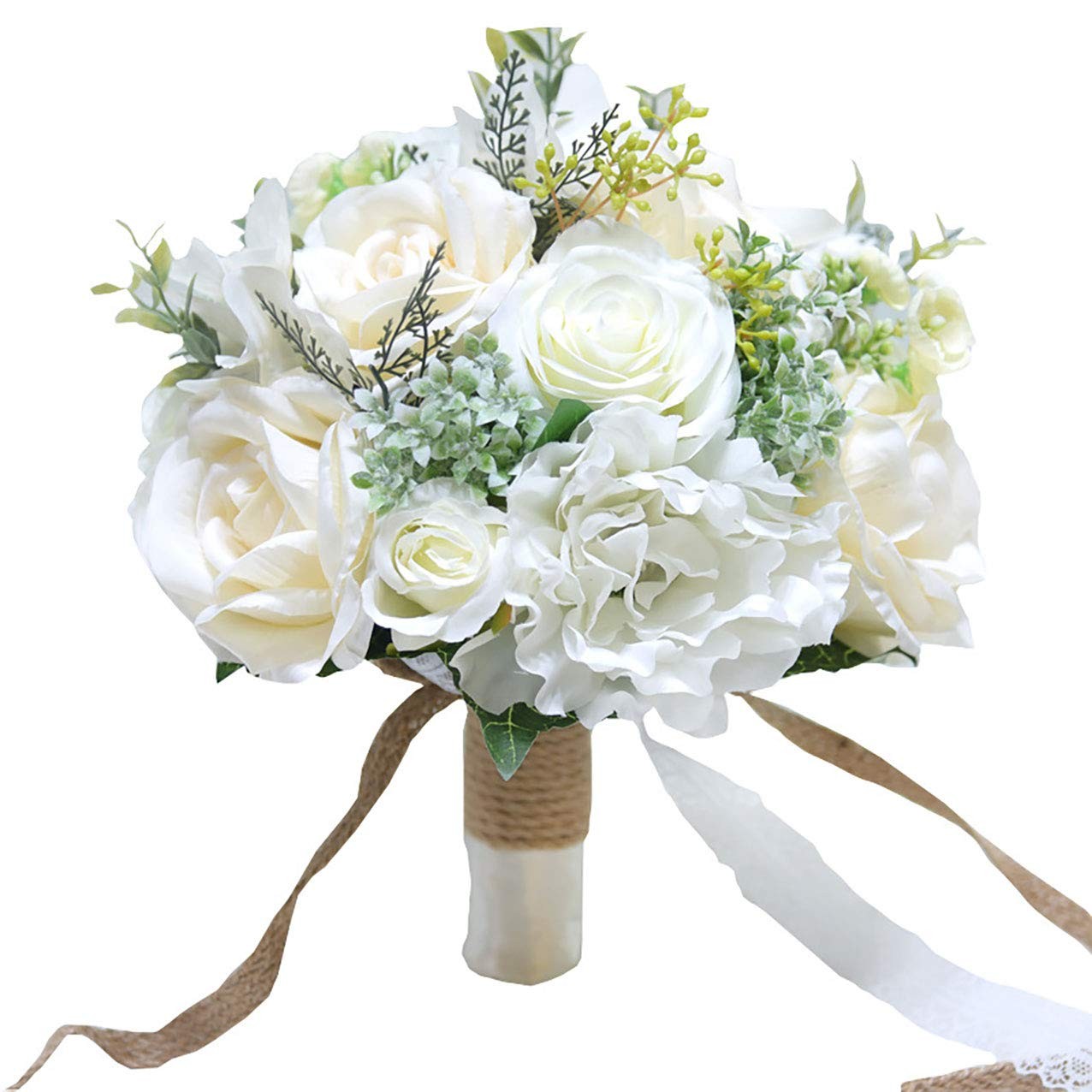 9.8 Inch Ivory Artificial Mixed Flower Greenery Bridal Throw Wedding Bouquet