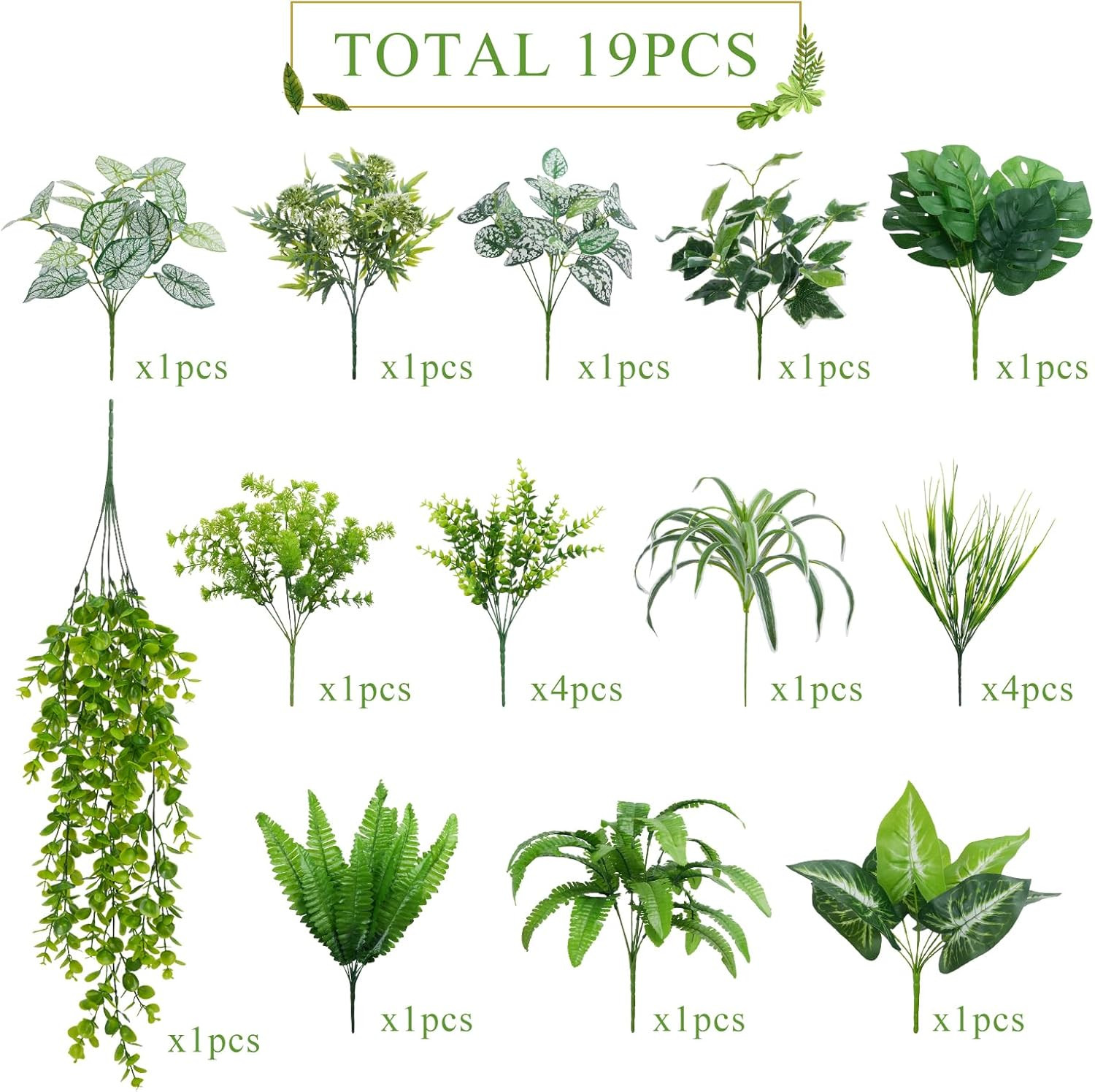 19Pcs Artificial Plants Outdoor UV Resistant Fake Shrubs Bushes Plastic