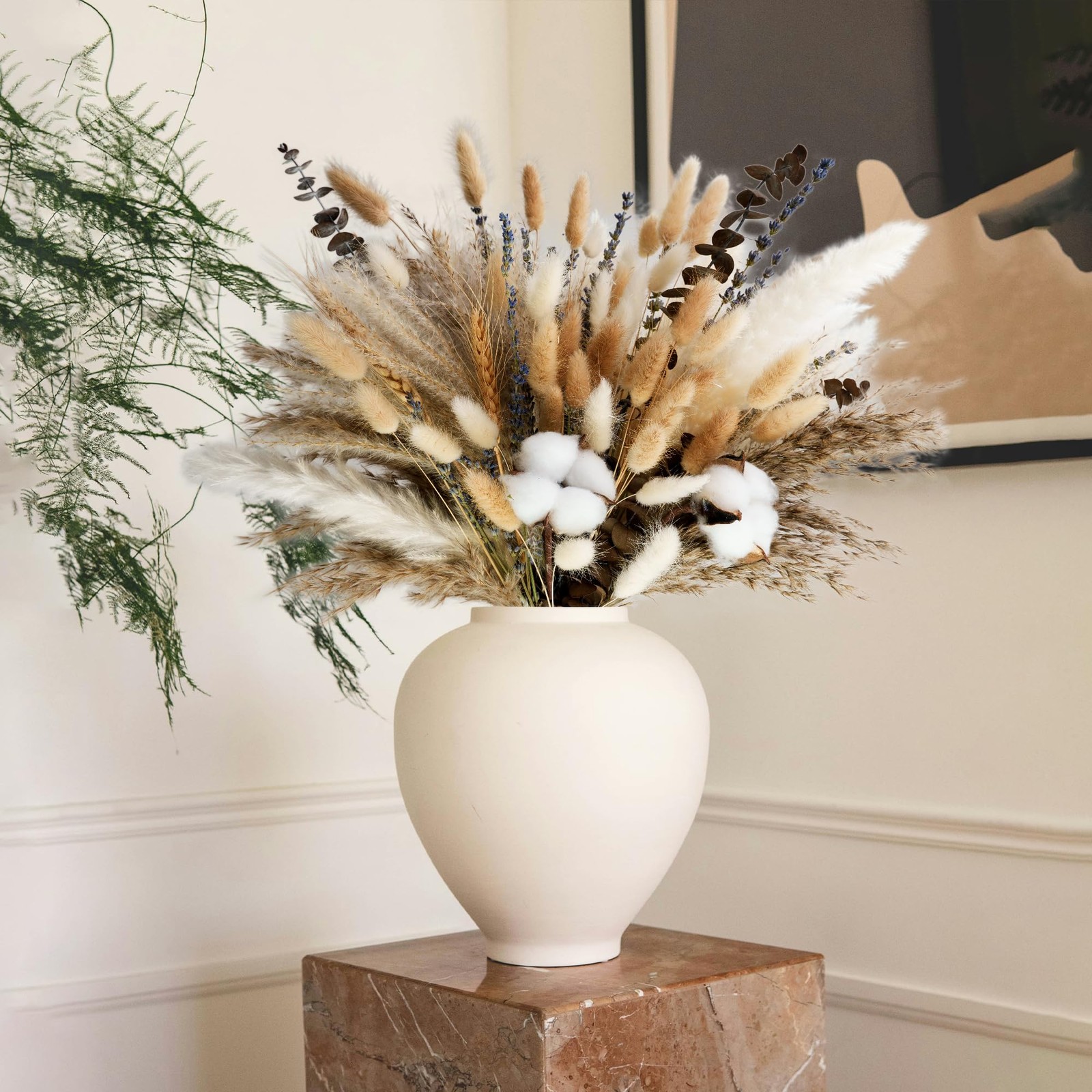 Natural Dried Flower Bouquet – Pampas Grass, Cotton Stems, Bunny Tails, Eucal…