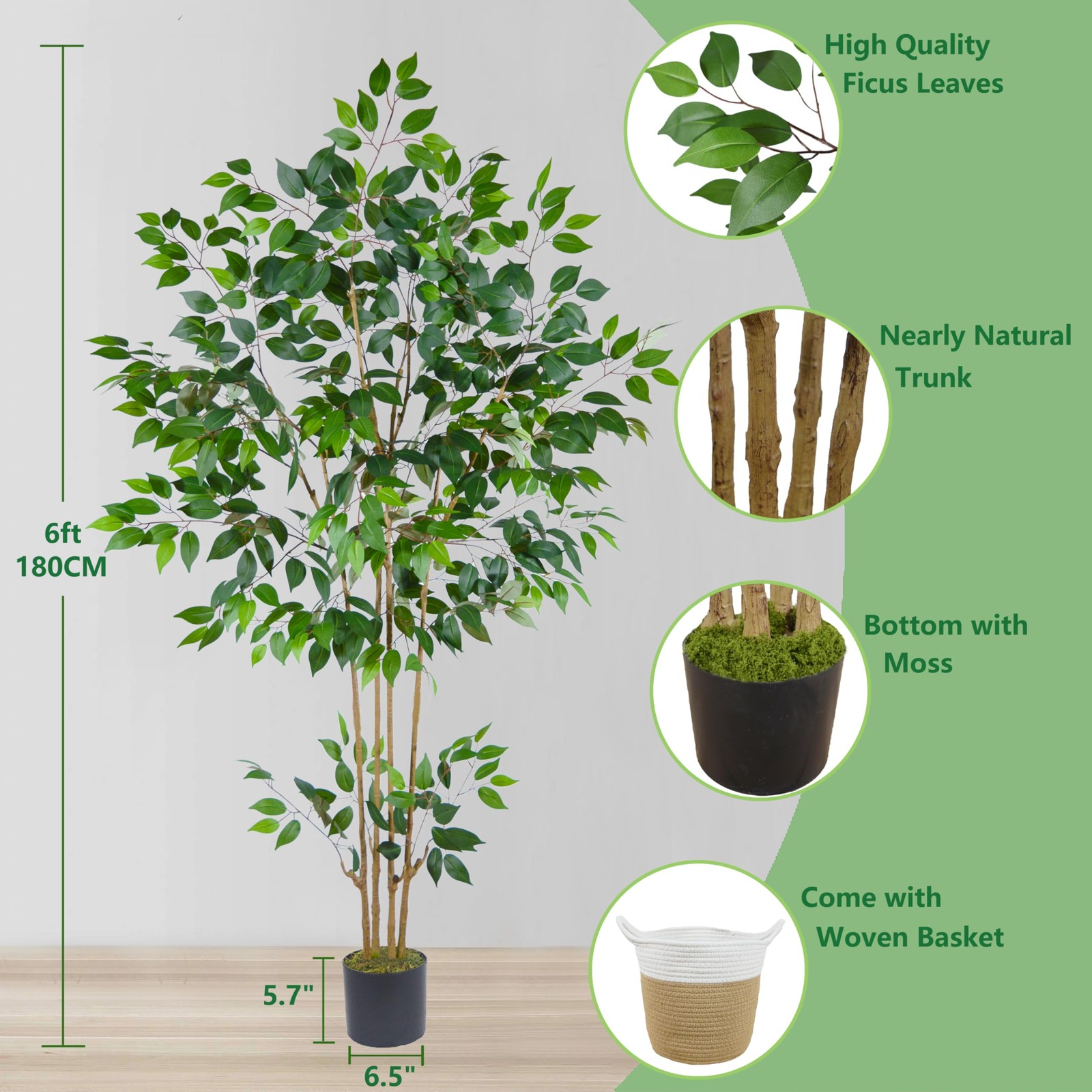 Artificial Ficus Tree, 6ft Tall Silk Fake Ficus Leaves Plant with Basket, Ind…