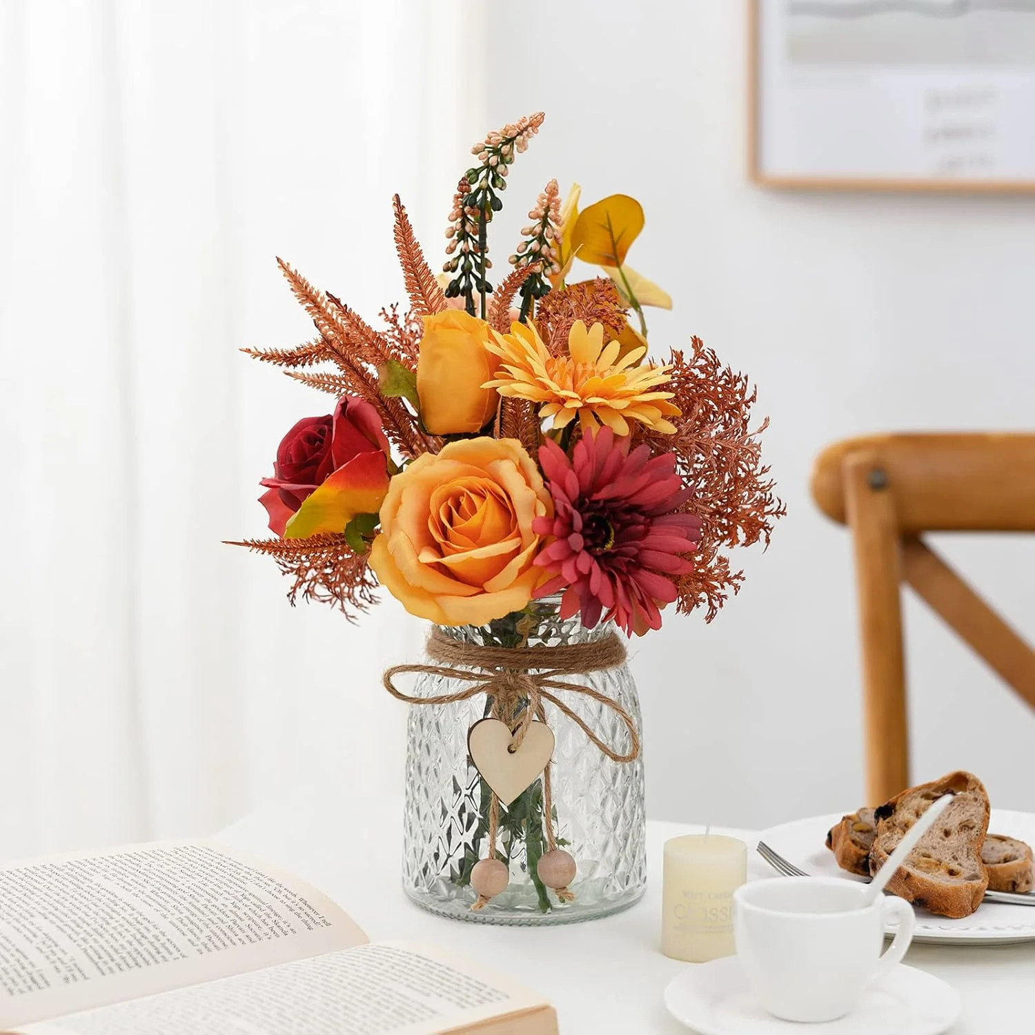 Artificial Flowers with Vase, Faux Silk Flowers Arrangement in Vase, Rustic Home