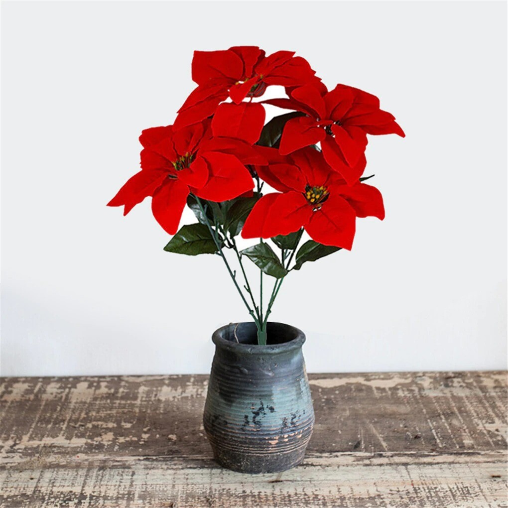 Artificial Poinsettia Flower Fake Home Flower Decor Office Home Party Decoration