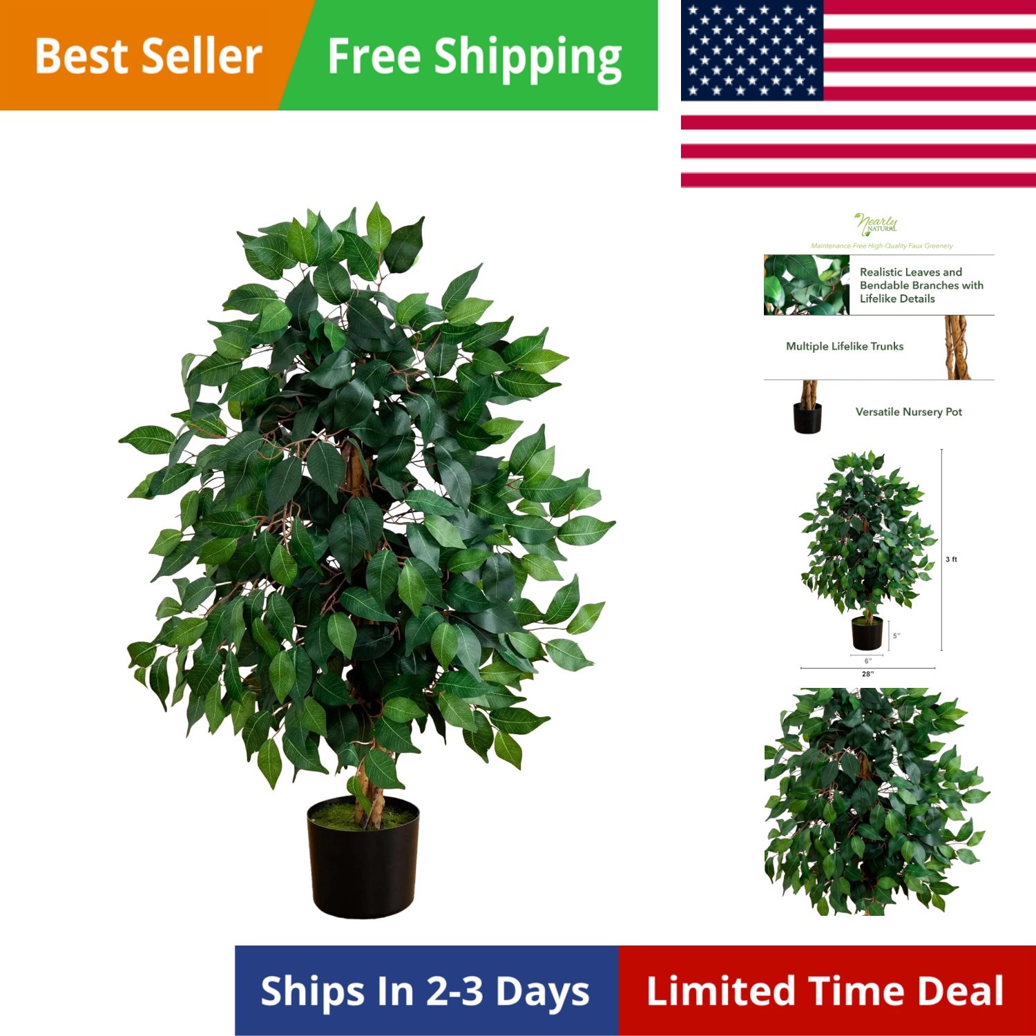 36in Triple Trunk Artificial Ficus Tree with Natural Wood Trunks, Fake Tree f…