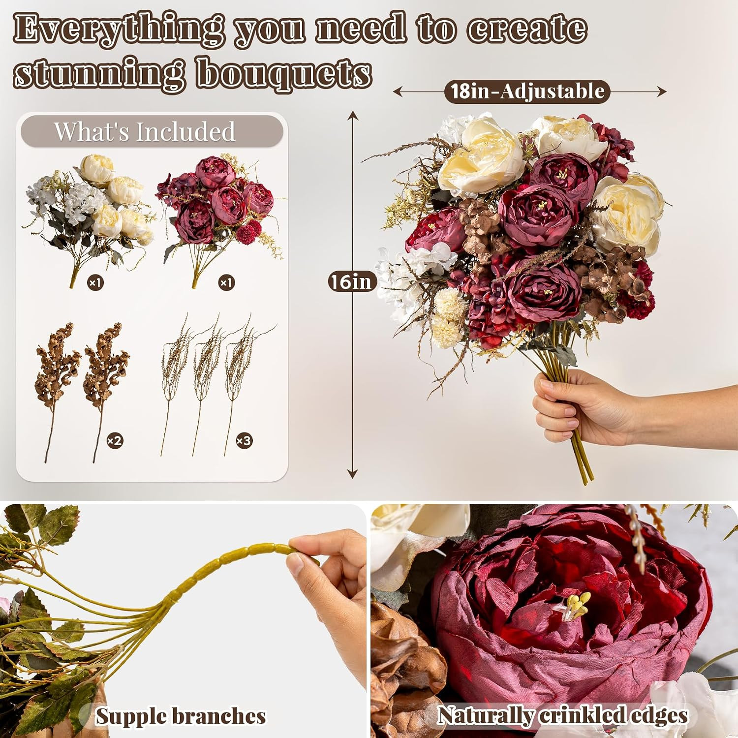 2 Packs Silk Peonies Bouquets – 23 Stems Ivory & Burgundy for Home Decor