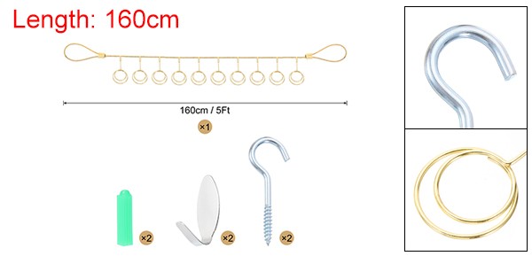 5Ft Wall Hanging Photo Display Cable Wire Rod with 12 Round Clips, Gold
