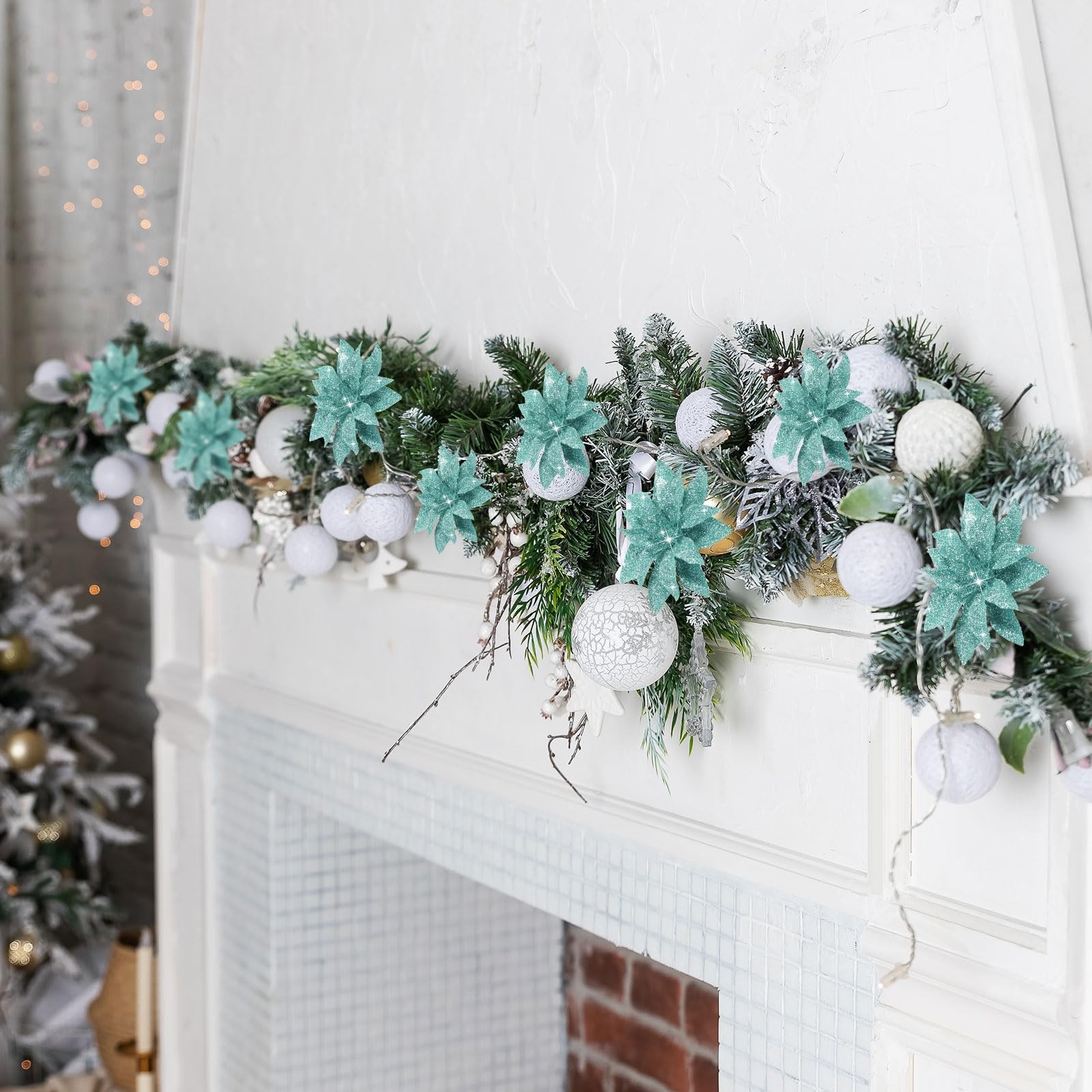 24 PCS Blue Green Glitter Poinsettia Clip-On Ornaments Christmas Tree Decor
