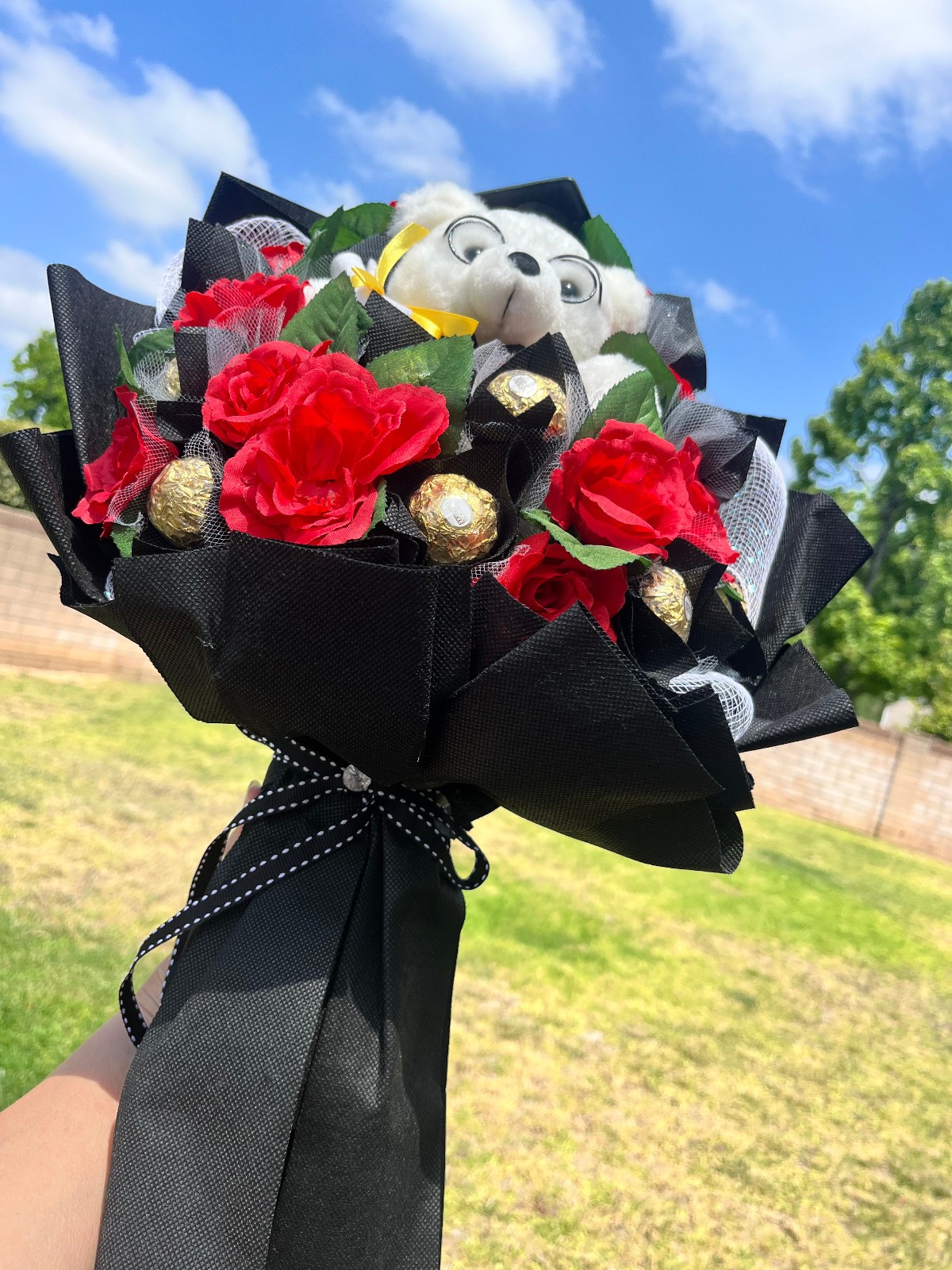 Graduation Bouquet with Teddy Bear, Ferrero Rocher & Red Roses