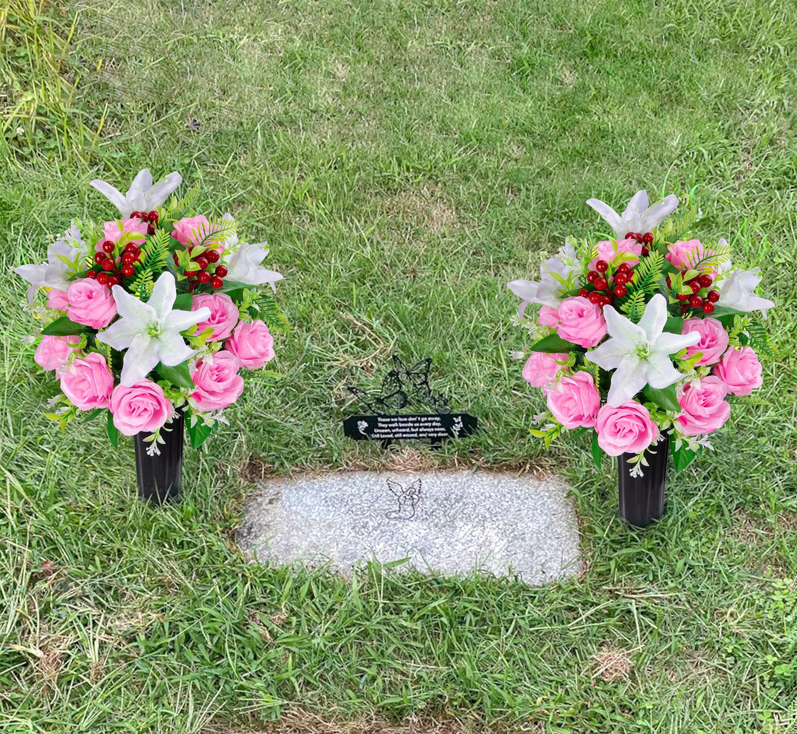 Artificial Cemetery Flowers with Vase, Set of 2 Rose Lily Bouquet Graveside D…