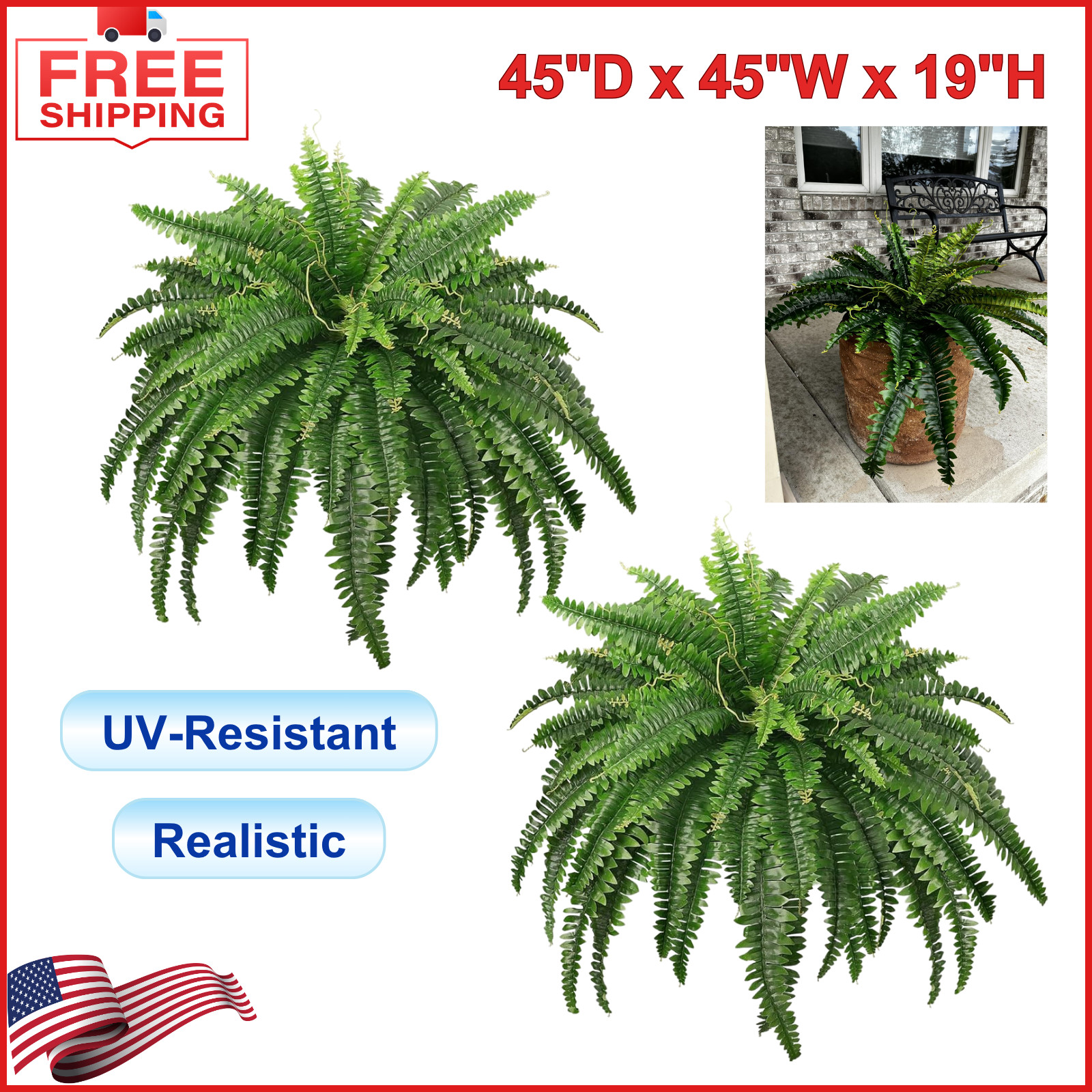 45″ Fake Ferns, Realistic Large Artificial Bush Plants, 2 Artificial Boston Fern