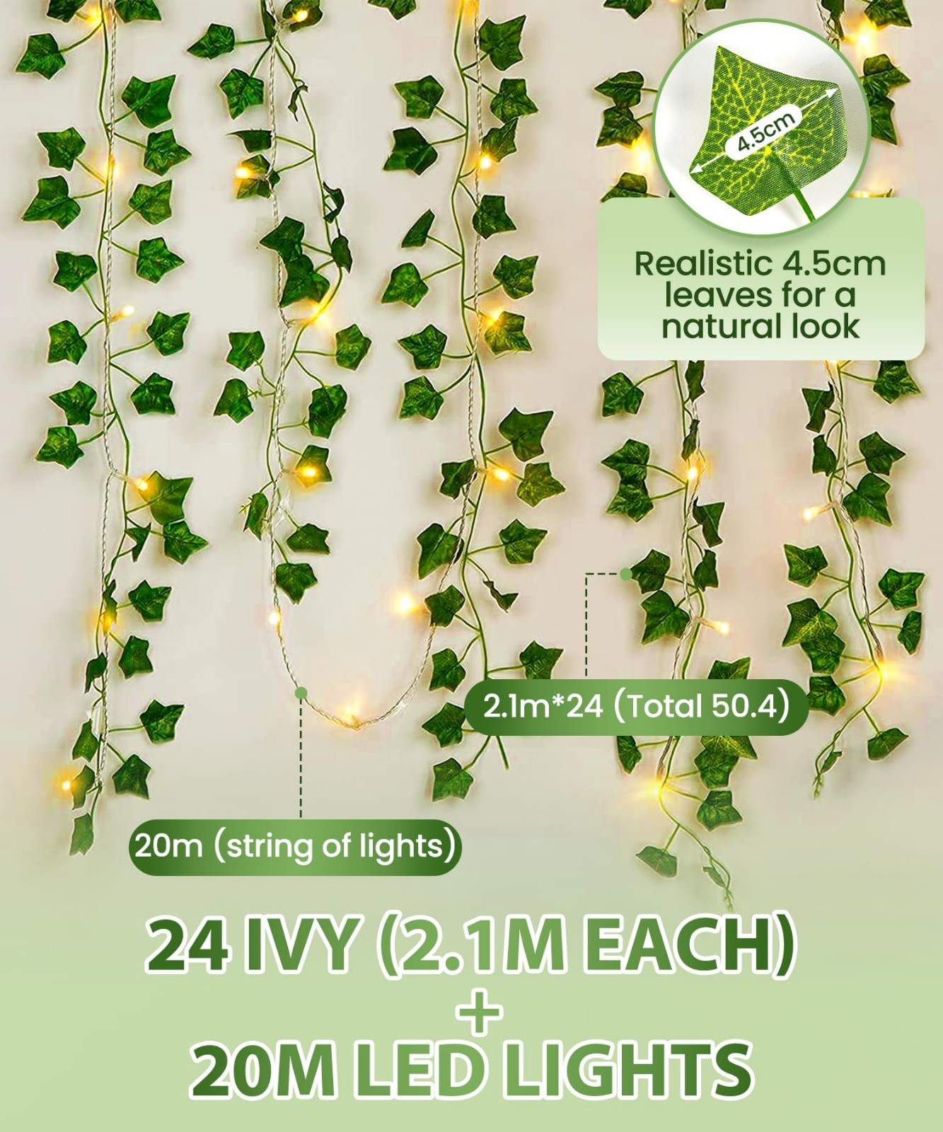 24-Pack 82″ Artificial Ivy Garland with 160 LED String Lights – Greenery for Wed