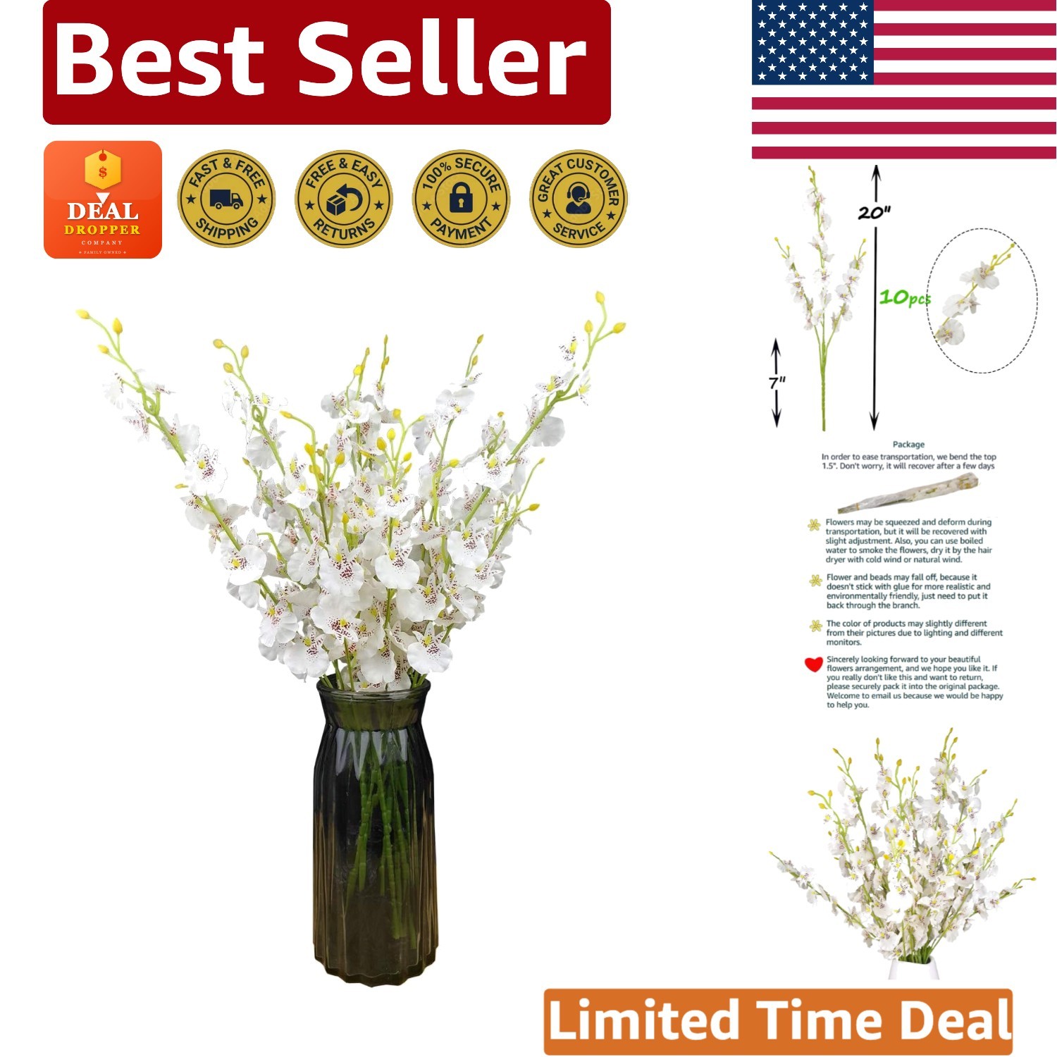 Versatile 20” Silk Orchid Flowers Set of 10 – Ideal for Garden & Office Decor