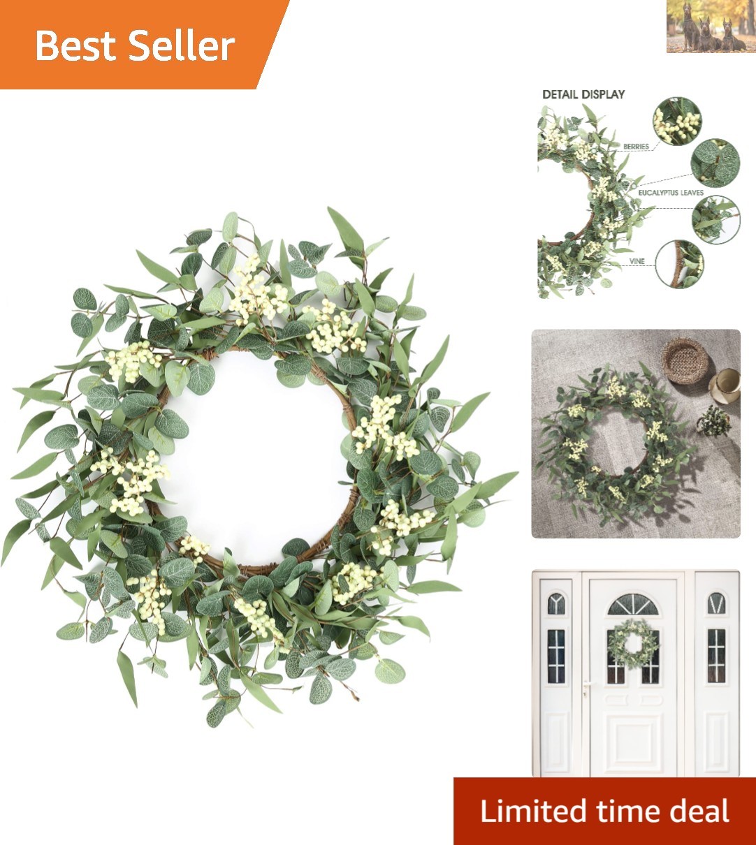 Durable 20” Eucalyptus Wreath – Spring, Summer & Fall Green Decor for Your Home